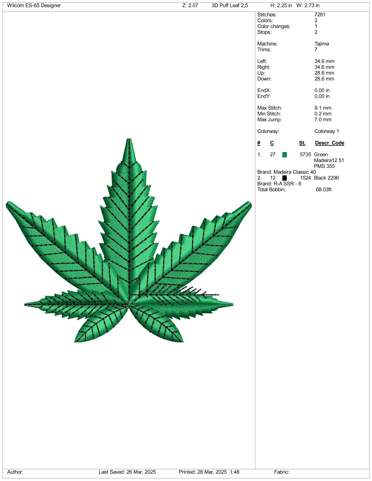 Archivos de diseño de bordado 3D de hojas de marihuana - 1 tamaño
