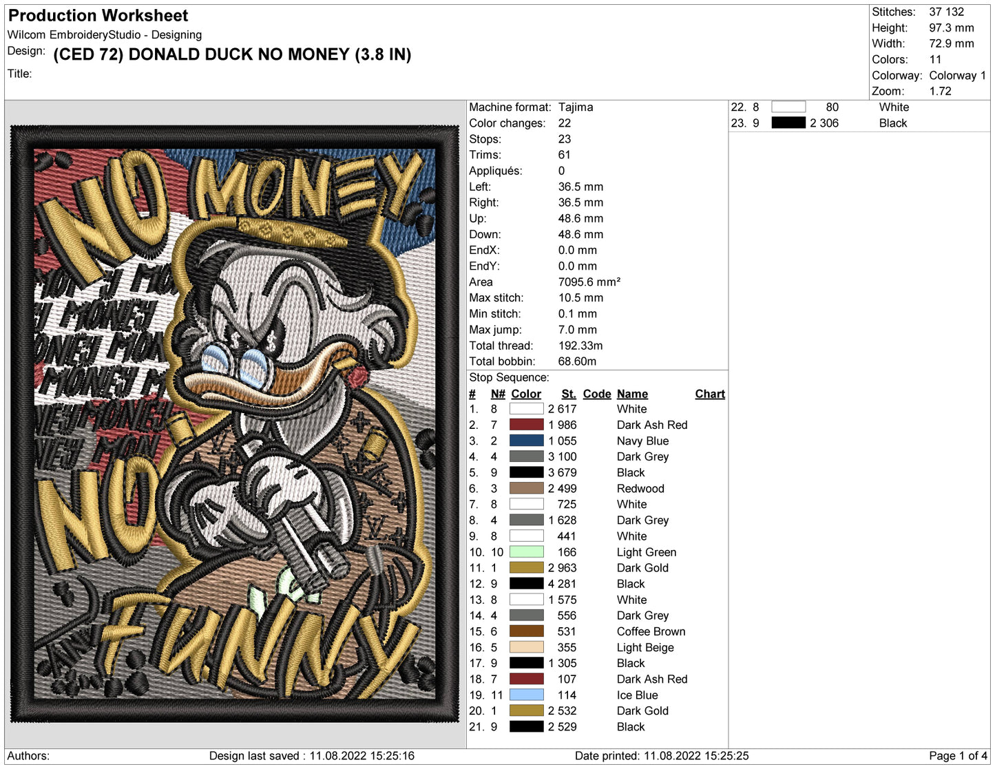 No Money No Funny Donald Duck Embroidery Design Files - 4 Sizes