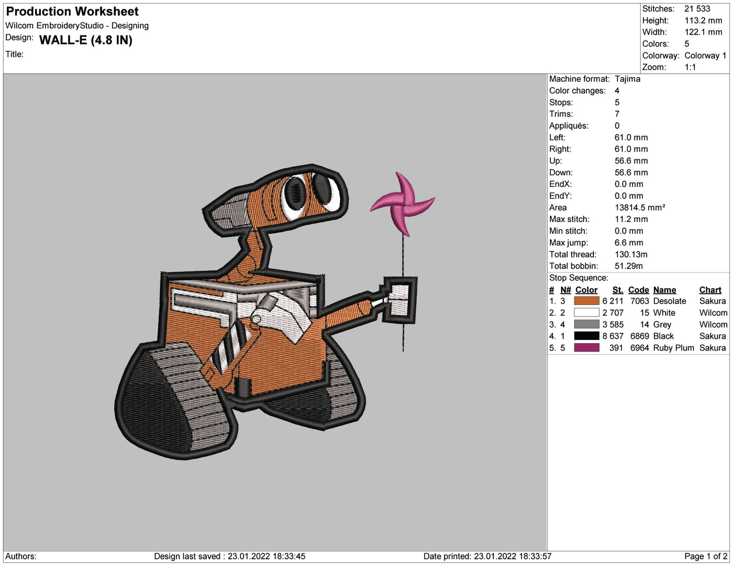 Wall E v2 Embroidery Design Files - 4 Size's