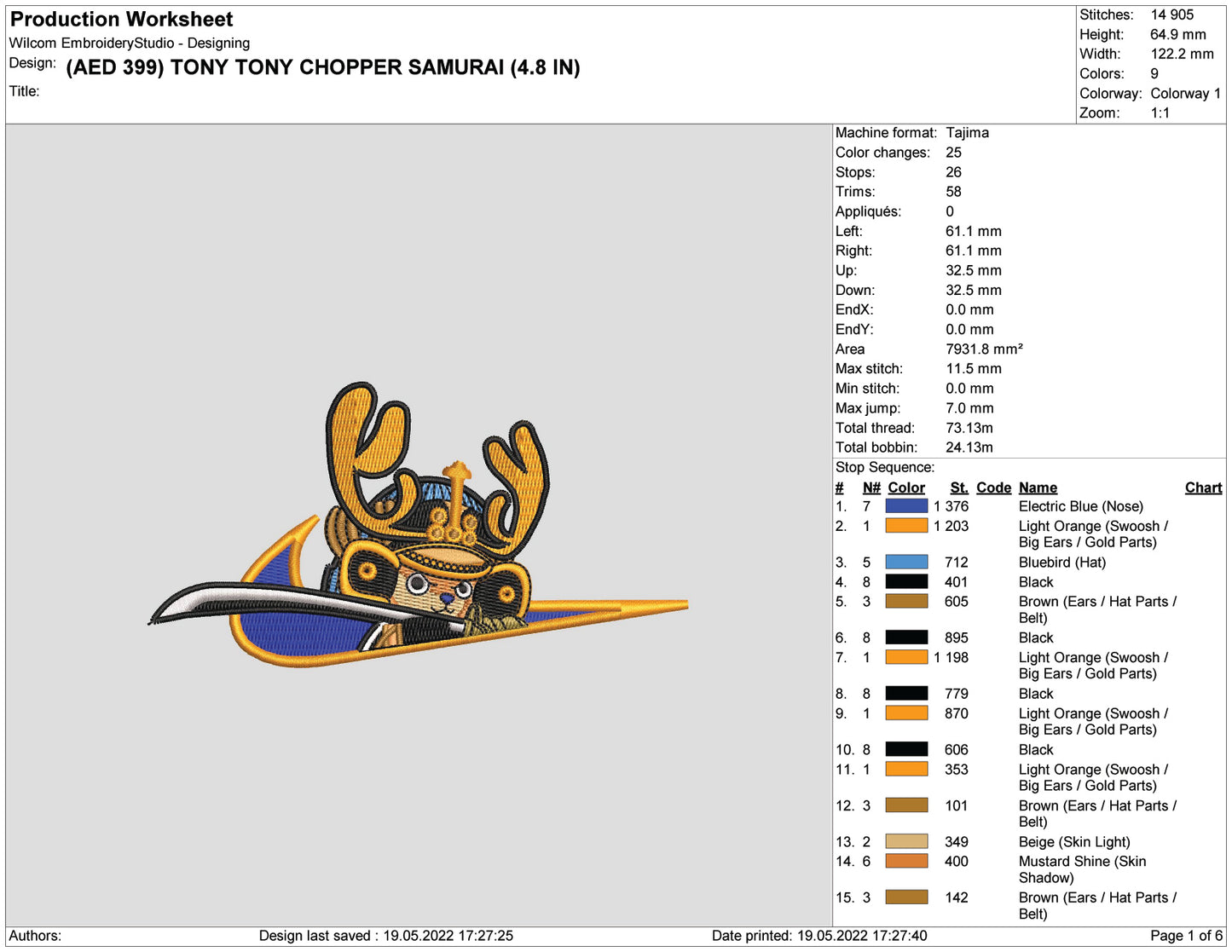 Tony Tony Chopper Embroidery Design Files - 5 Size's
