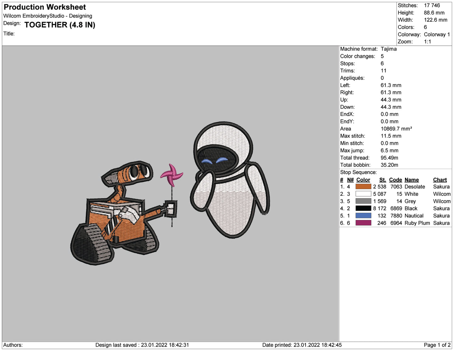 Wall-E & Eva Embroidery Design Files - 4 Size's