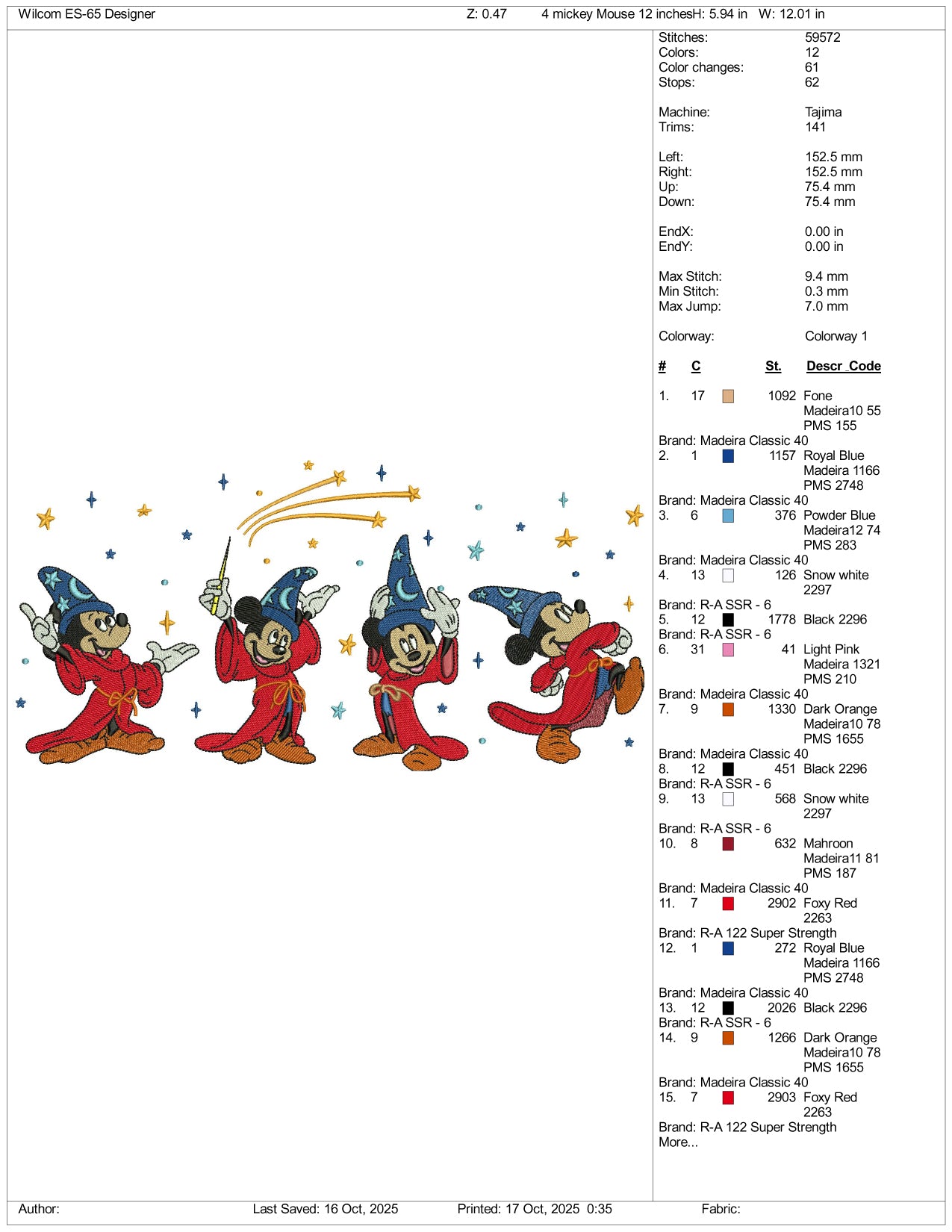Magician Mickey Mouse Embroidery Design Files - 4 Size's