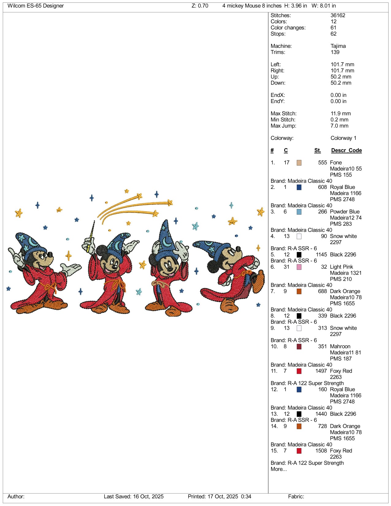 Magician Mickey Mouse Embroidery Design Files - 4 Size's