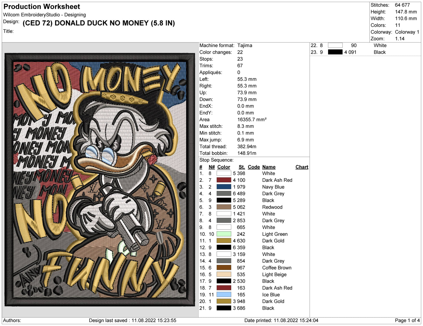 No Money No Funny Donald Duck Embroidery Design Files - 4 Sizes