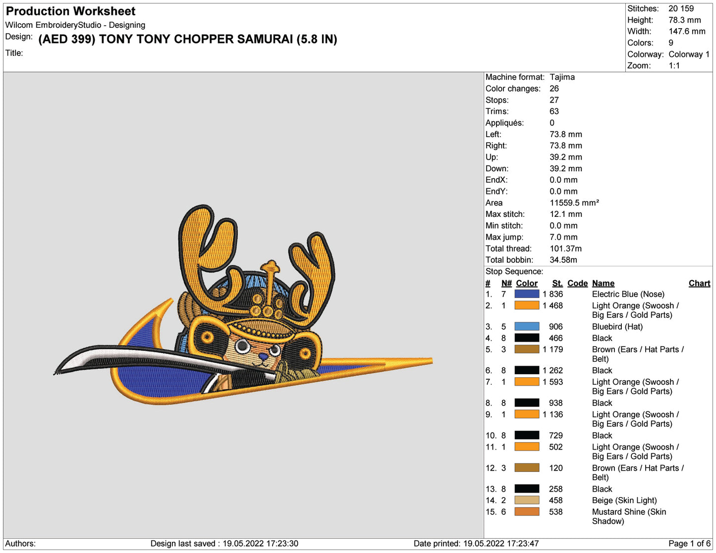 Tony Tony Chopper Embroidery Design Files - 5 Size's