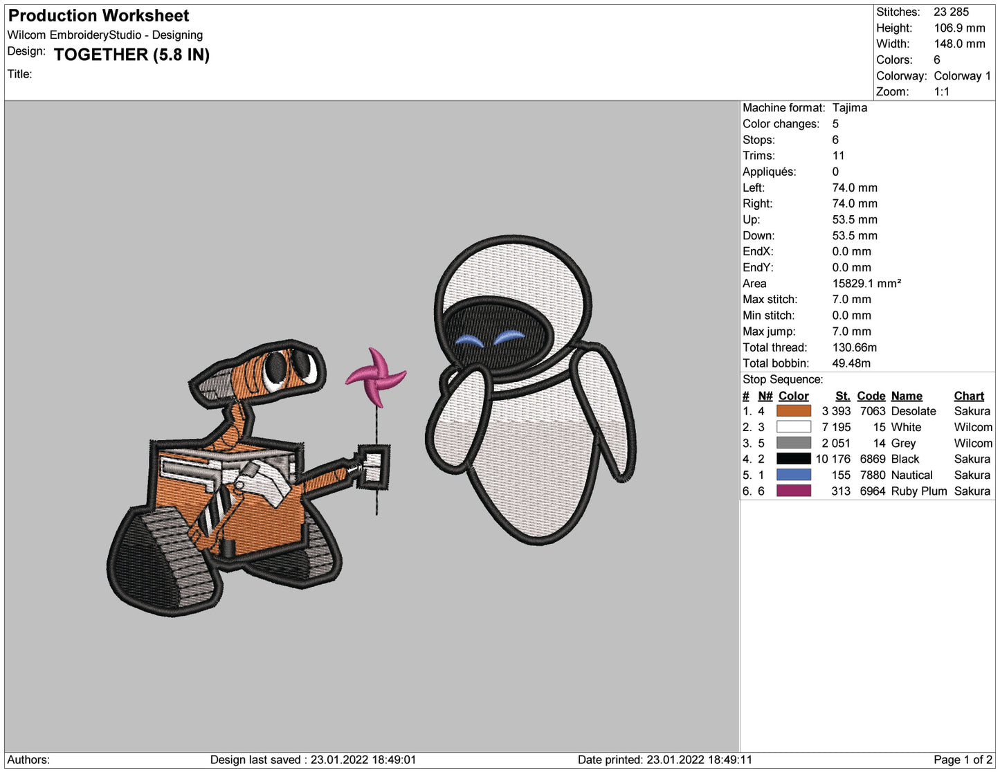 Wall-E & Eva Embroidery Design Files - 4 Size's