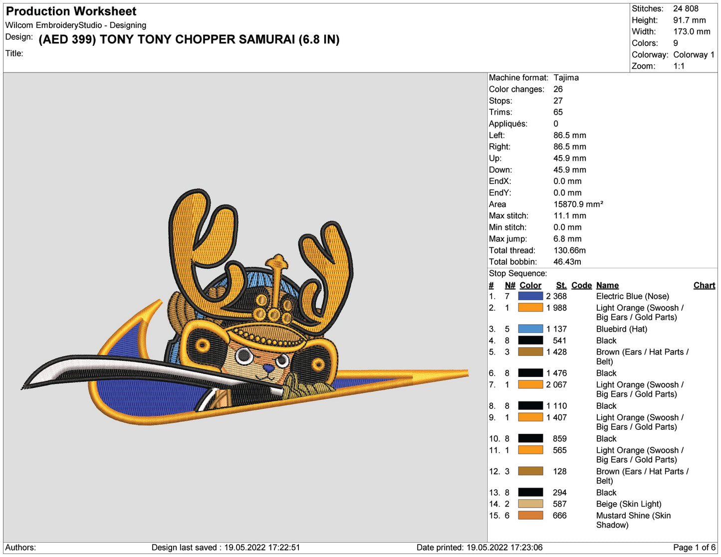 Tony Tony Chopper Embroidery Design Files - 5 Size's