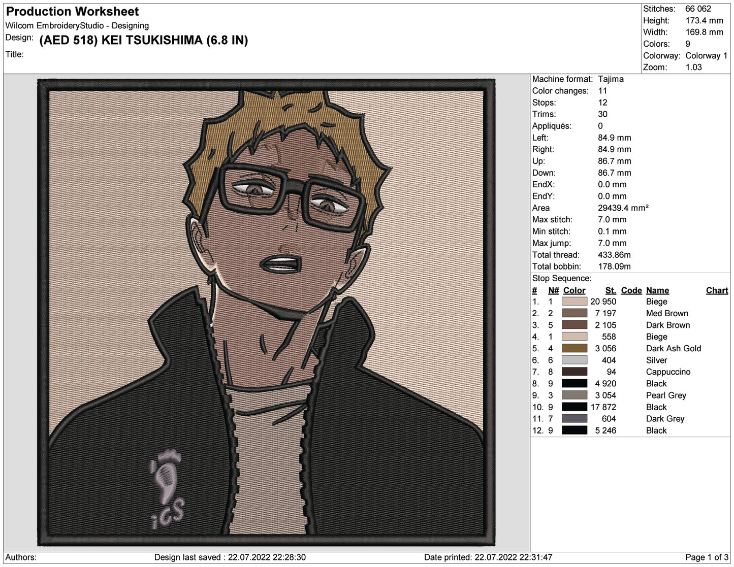 Kei Tsukishima Embroidery Design Files - 4 Size's
