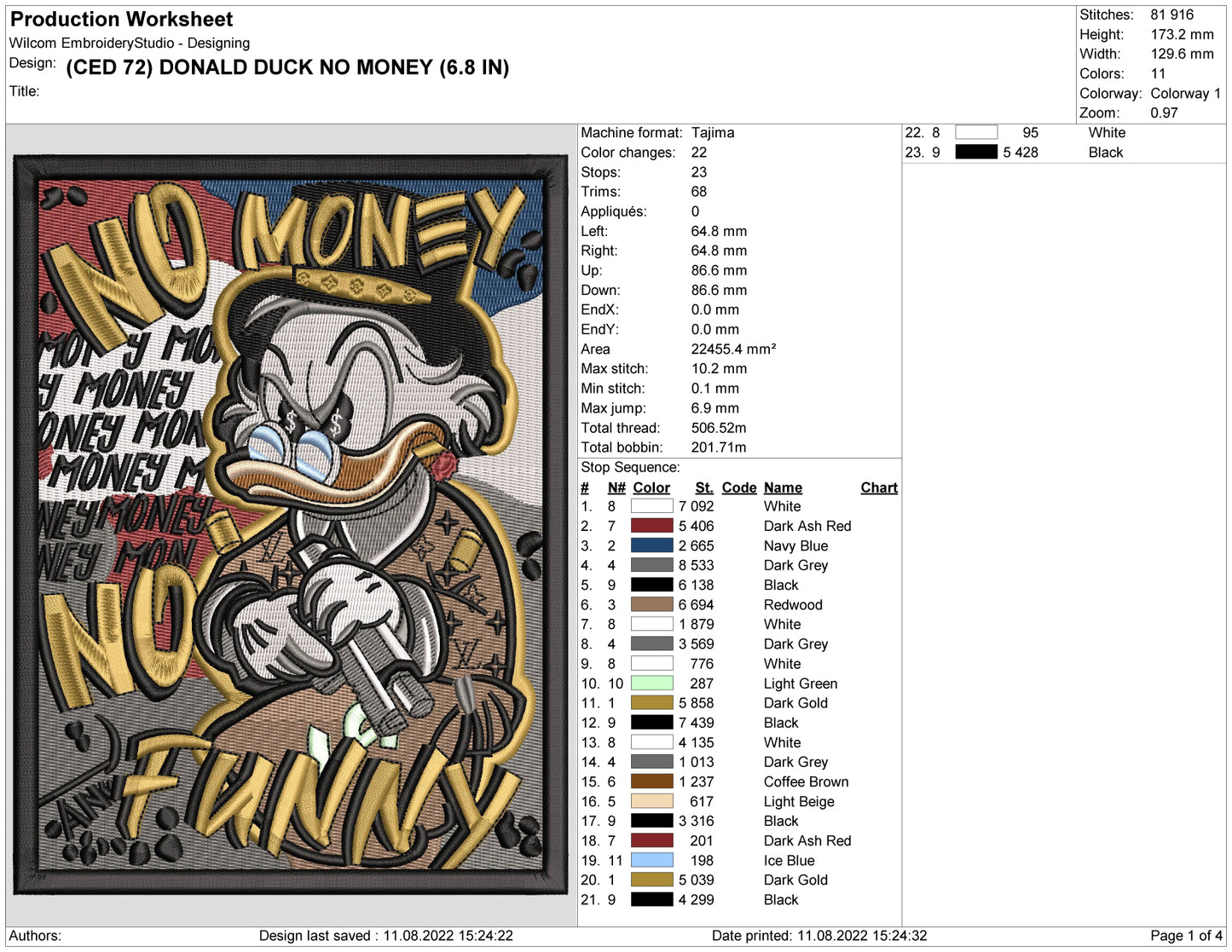 No Money No Funny Donald Duck Embroidery Design Files - 4 Sizes