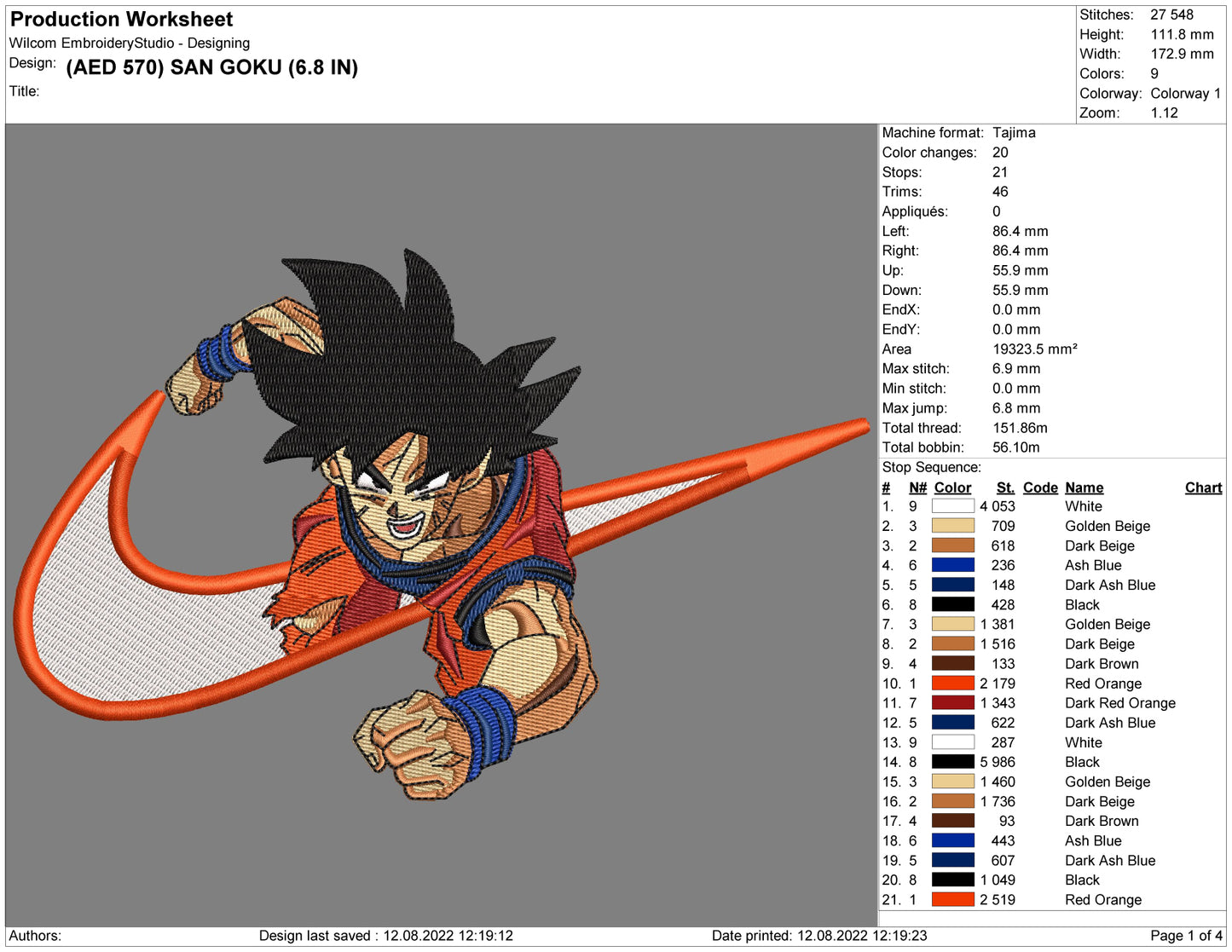 Son Goku Swoosh Embroidery Design Files - 4 Size's