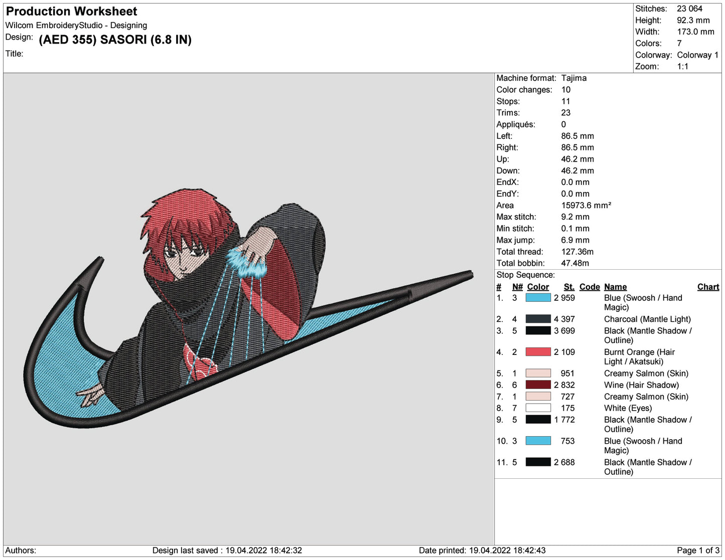 Sasori Swoosh Embroidery Design Files - 4 Size's