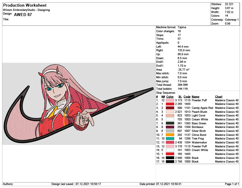 Zero Two Swoosh v3 Embroidery Design Files - 4 Sizes