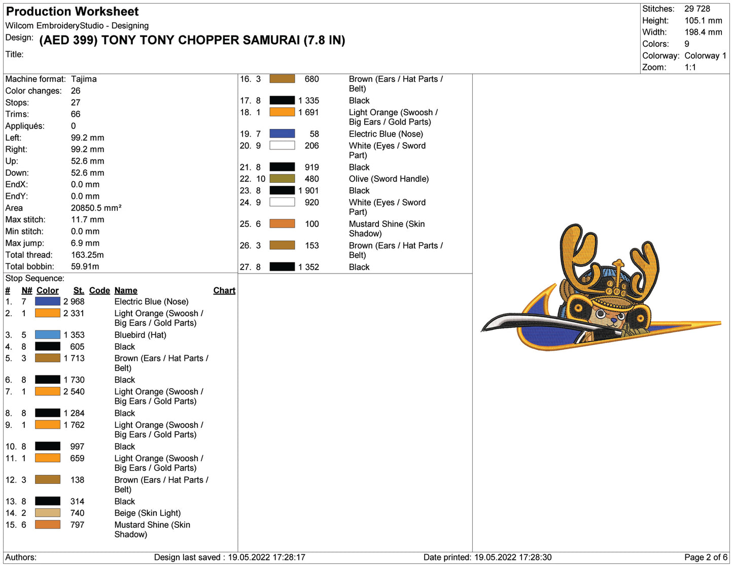 Tony Tony Chopper Embroidery Design Files - 5 Size's