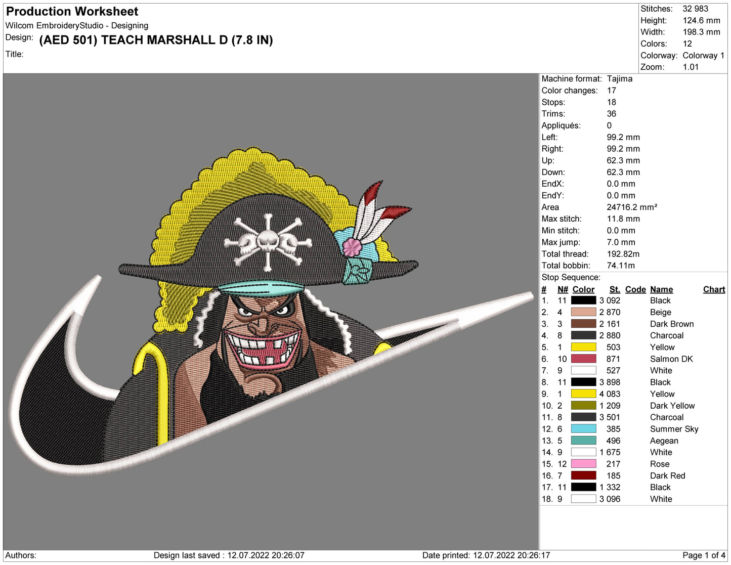 Blackbeard Swoosh Embroidery Design Files - 4 Size's
