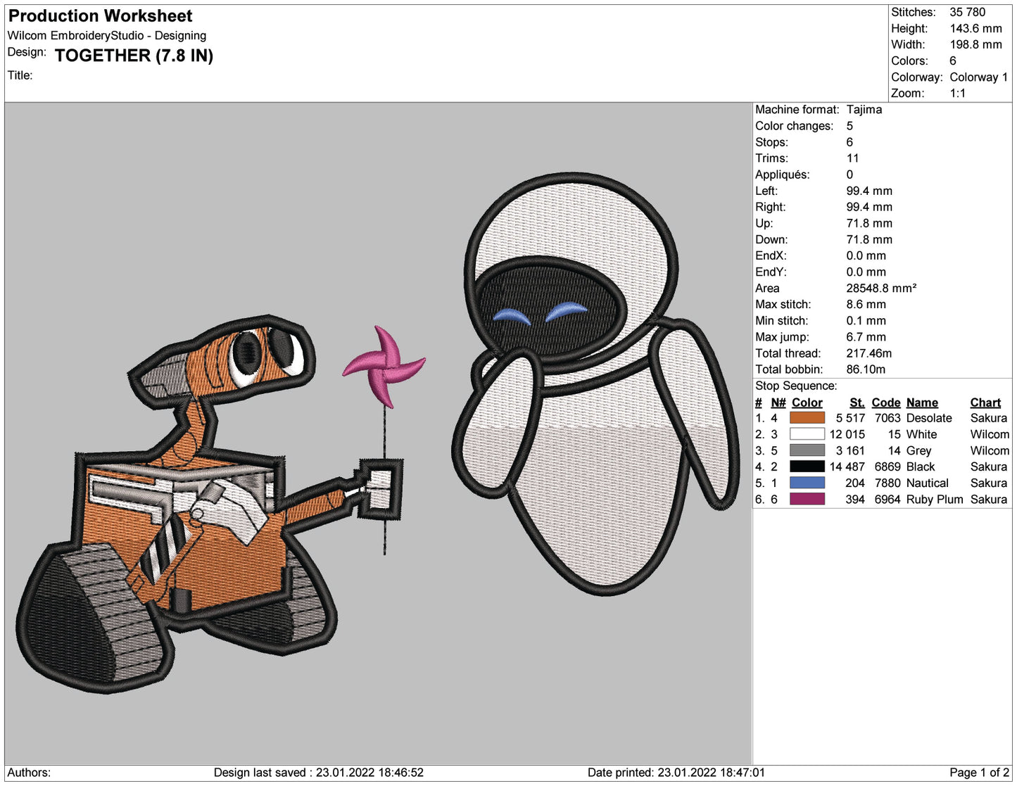 Wall-E & Eva Embroidery Design Files - 4 Size's