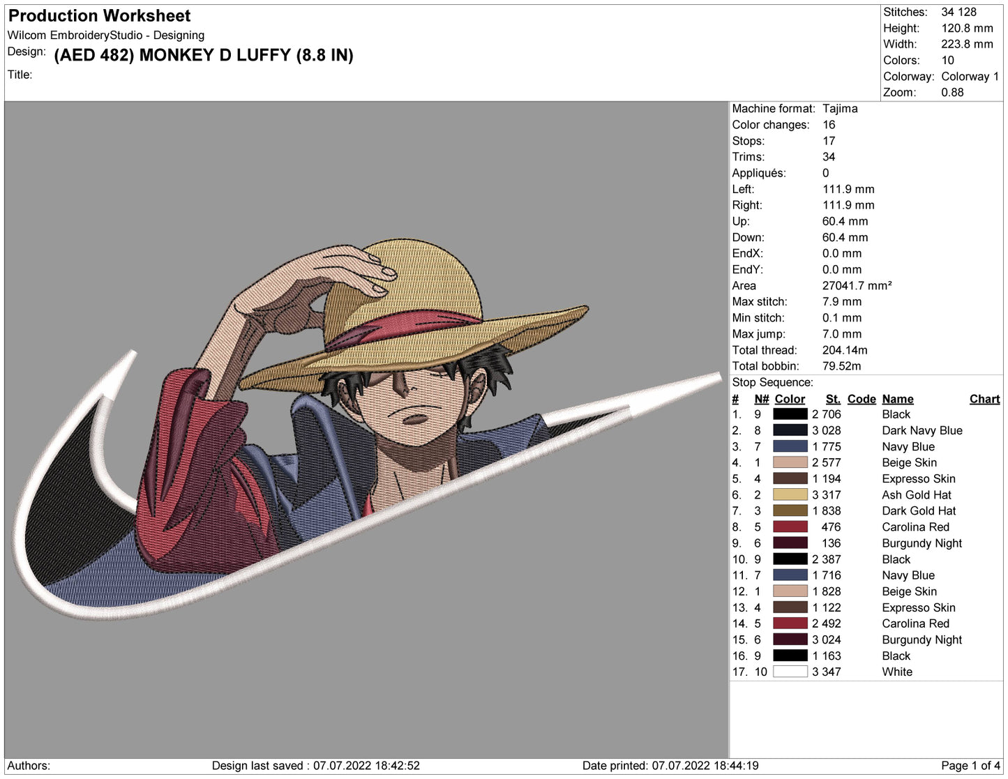 Monkey D Luffy Swoosh v6 Embroidery Design Files - 4 Size's