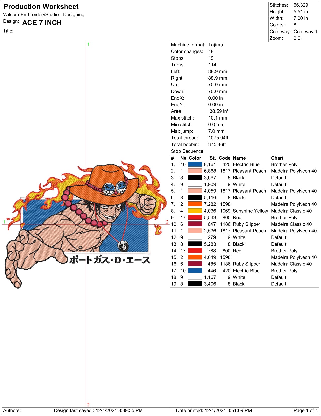 Ace Punch One Piece Embroidery Design Files - 4 Sizes