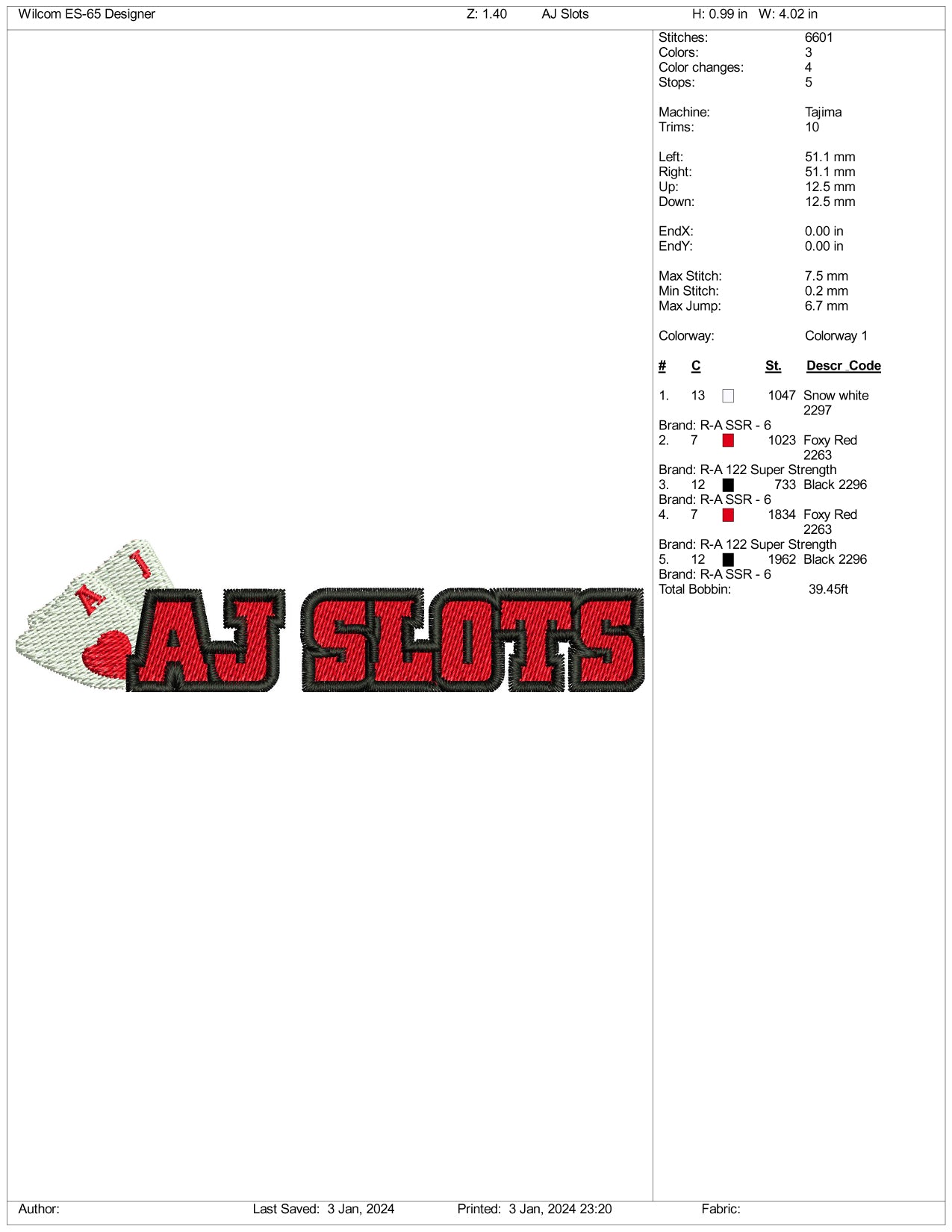 AJ Slots Embroidery Design