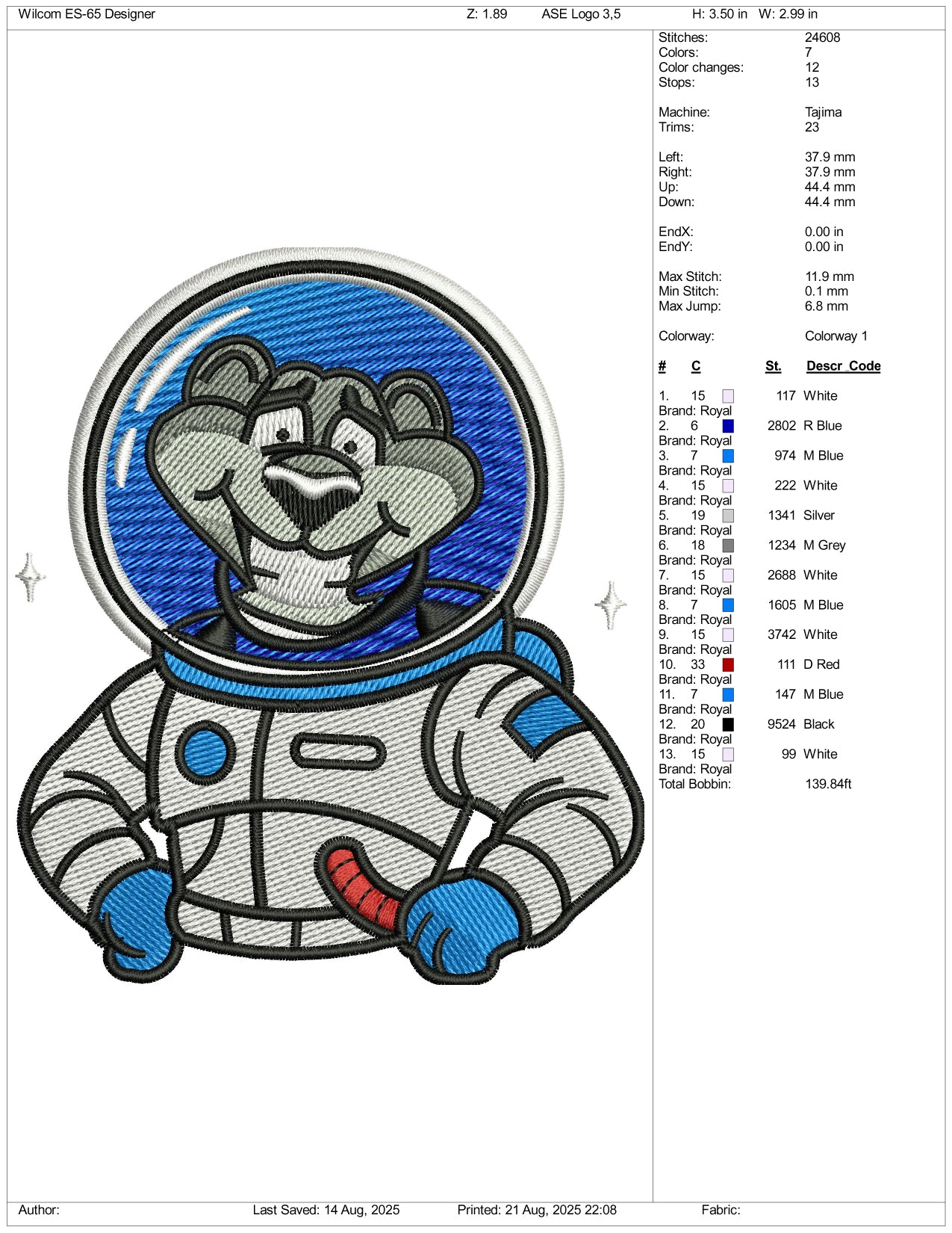 Bear Astronaut Embroidery Design Files - 3 Size's