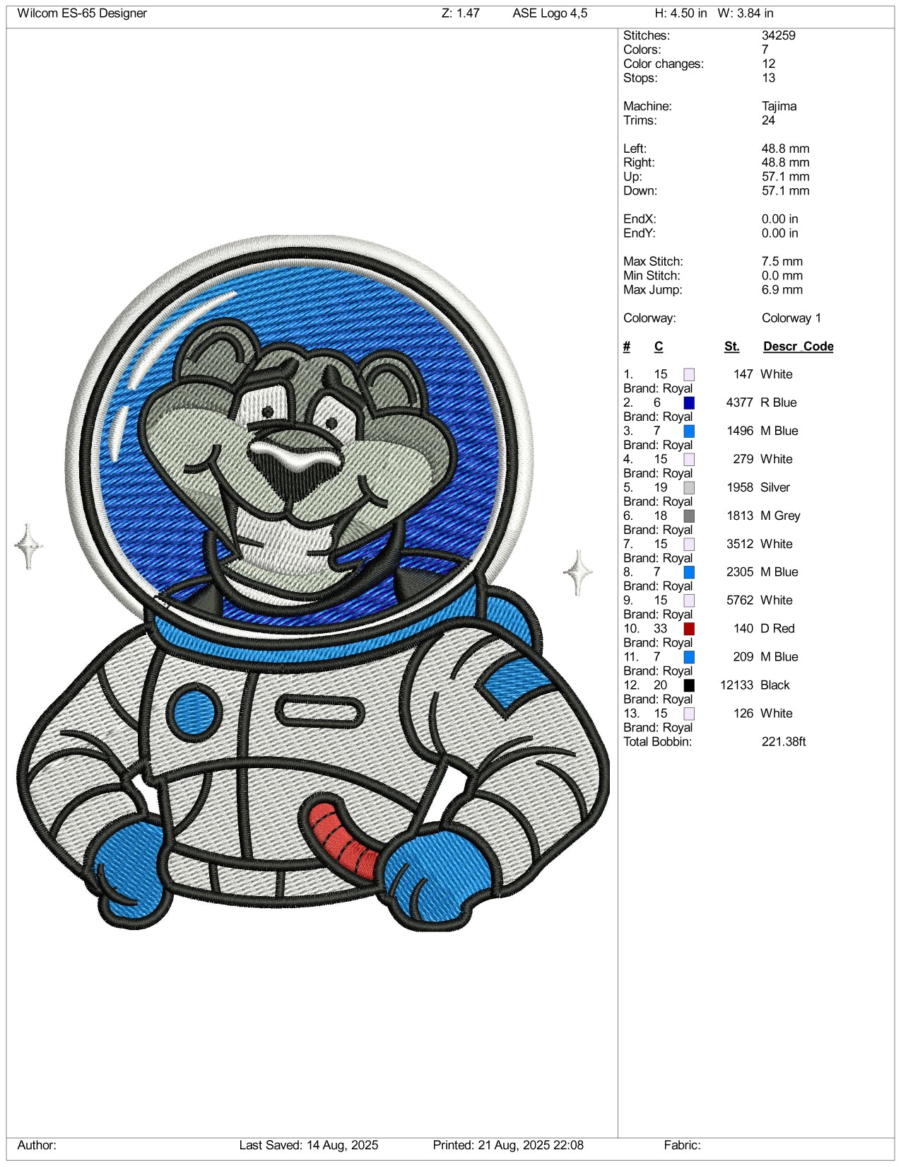 Bear Astronaut Embroidery Design Files - 3 Size's