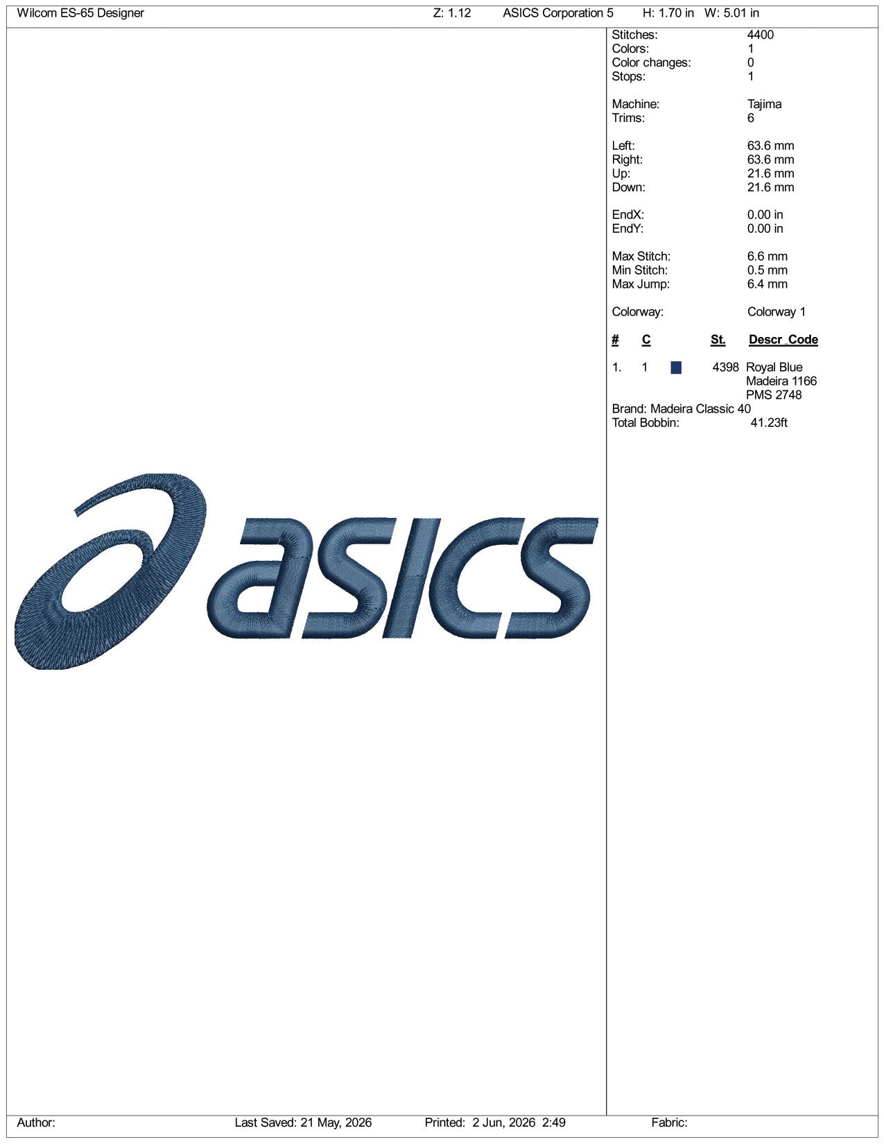 ASICS Corporation Embroidery Design Files - 3 Size's