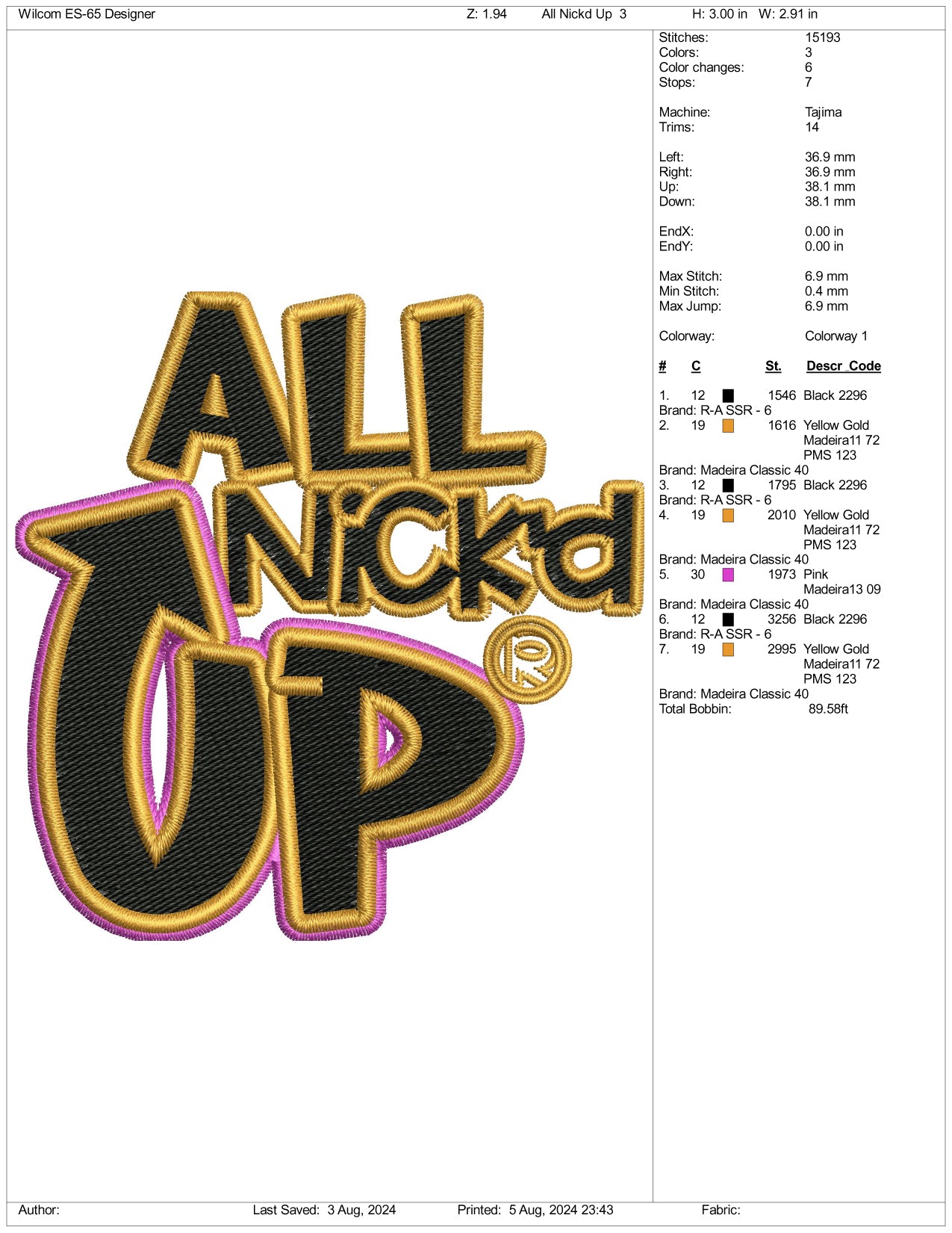 All Nick Up Embroidery Files - 3 Size's