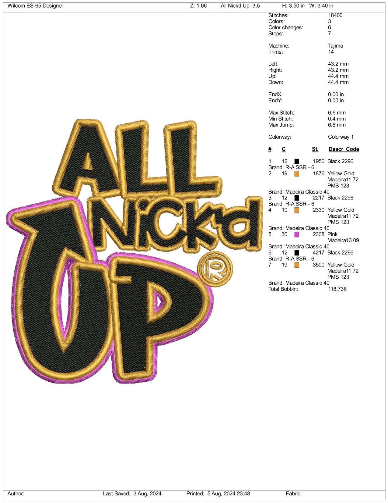 All Nick Up Embroidery Files - 3 Size's