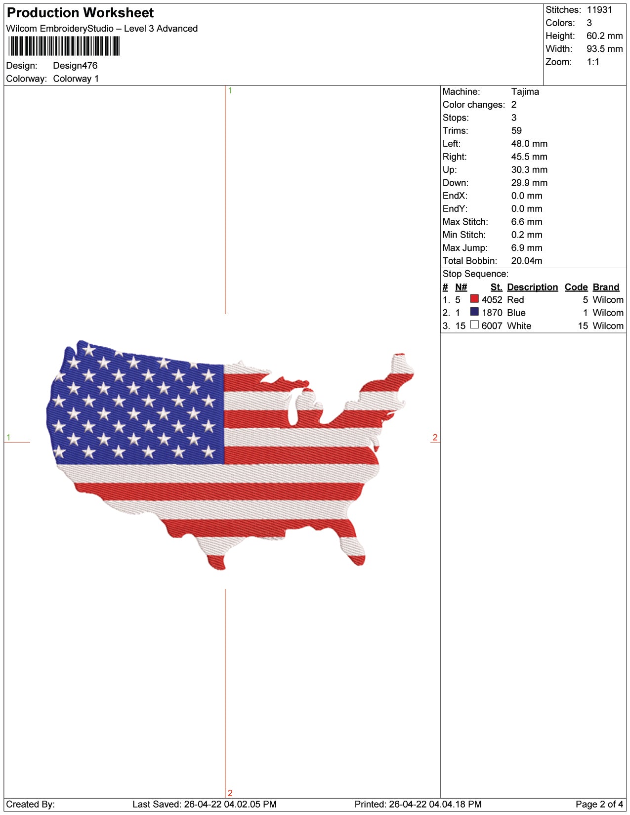 United States of America Map Flag Embroidery Design Files - 9 Size's