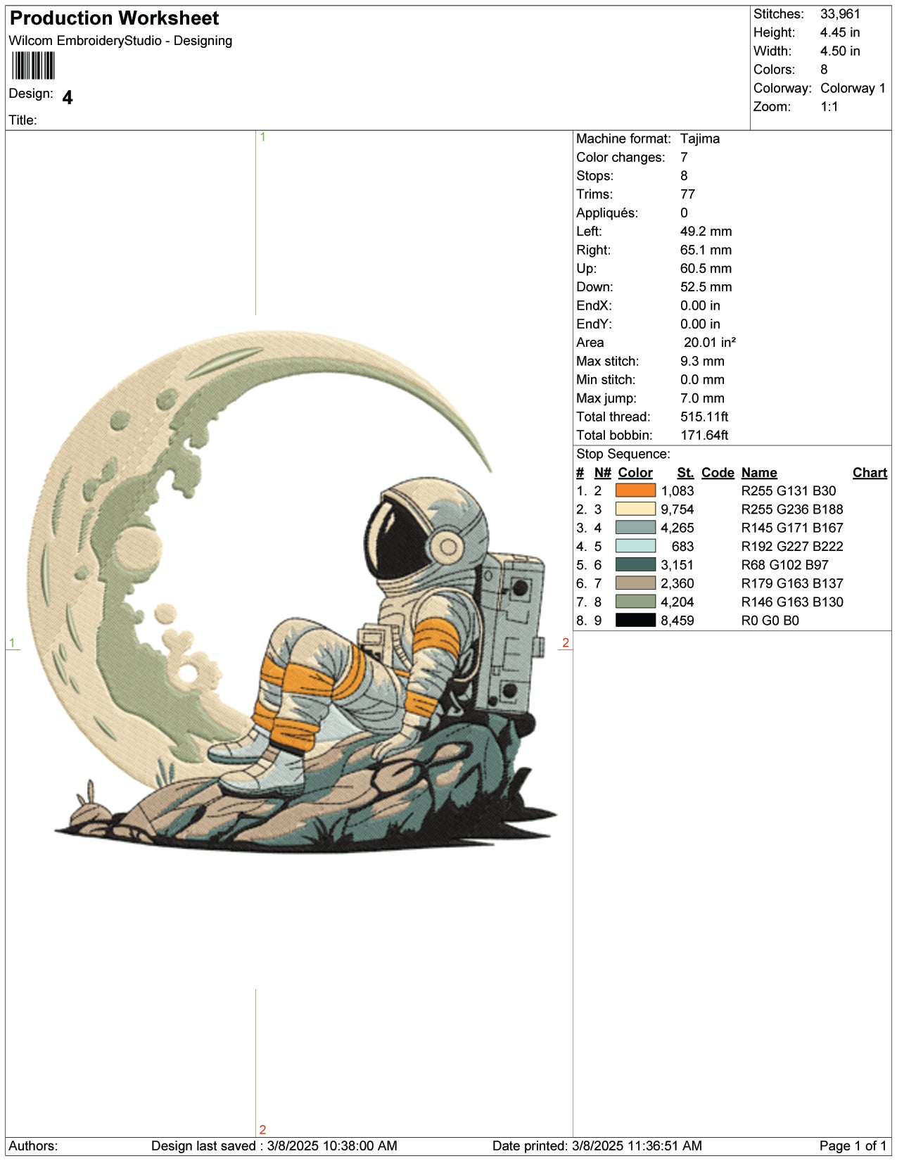 Astronaut on Moon Embroidery Design Files - 9 Size's