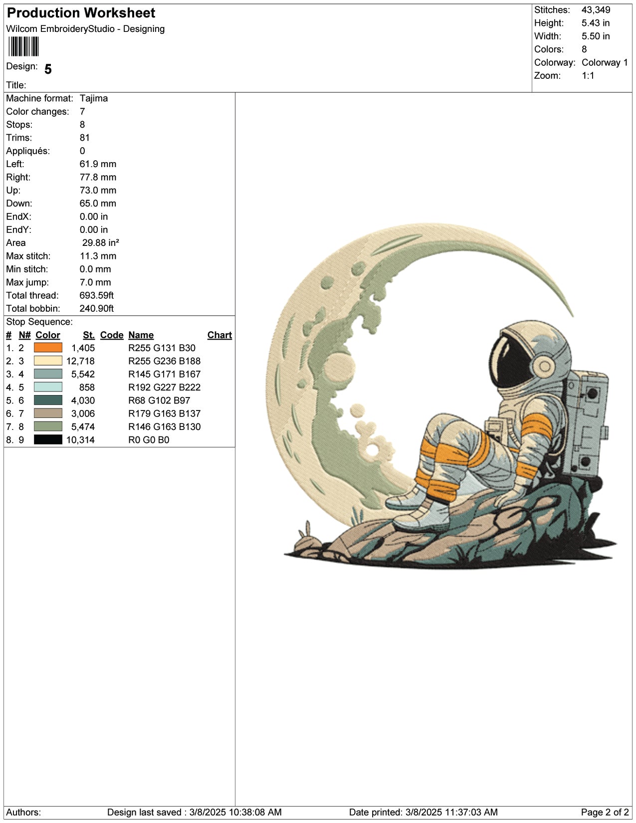 Astronaut on Moon Embroidery Design Files - 9 Size's