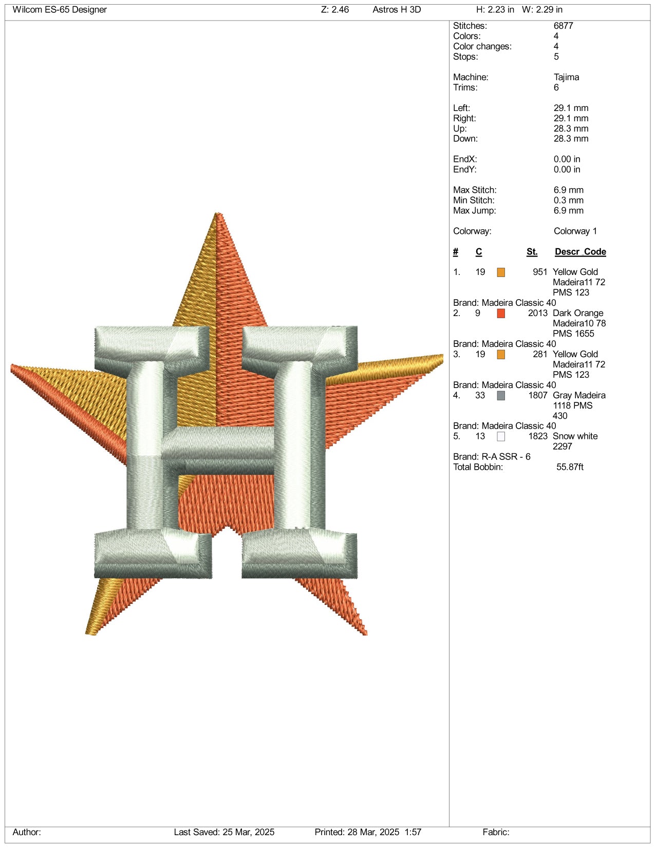 Archivos de diseño de bordado 3D del logotipo de la H de los Houston Astros (talla única)