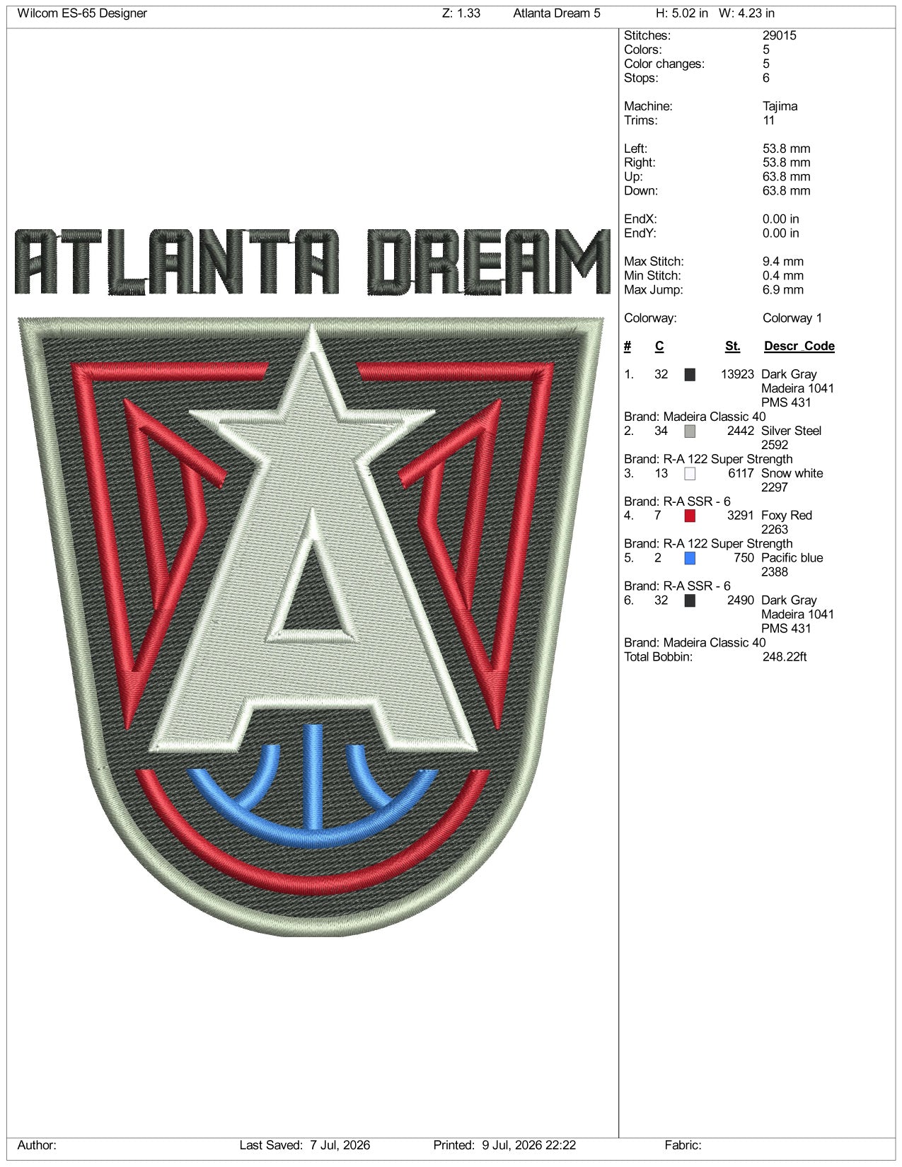 Atlanta Dream Logo Embroidery Design Files - 3 Size's