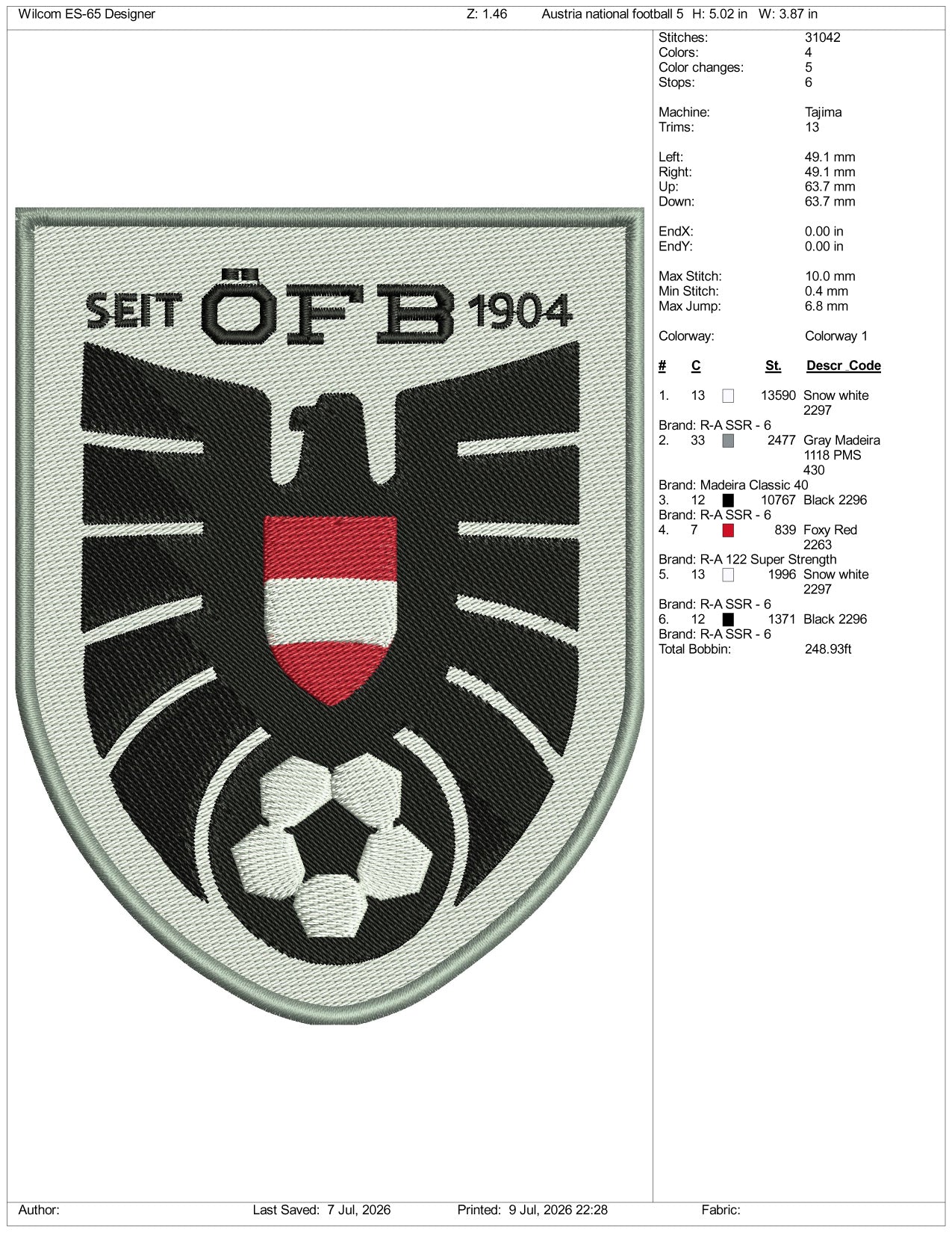Austria National Football Logo Embroidery Design Files - 3 Size's