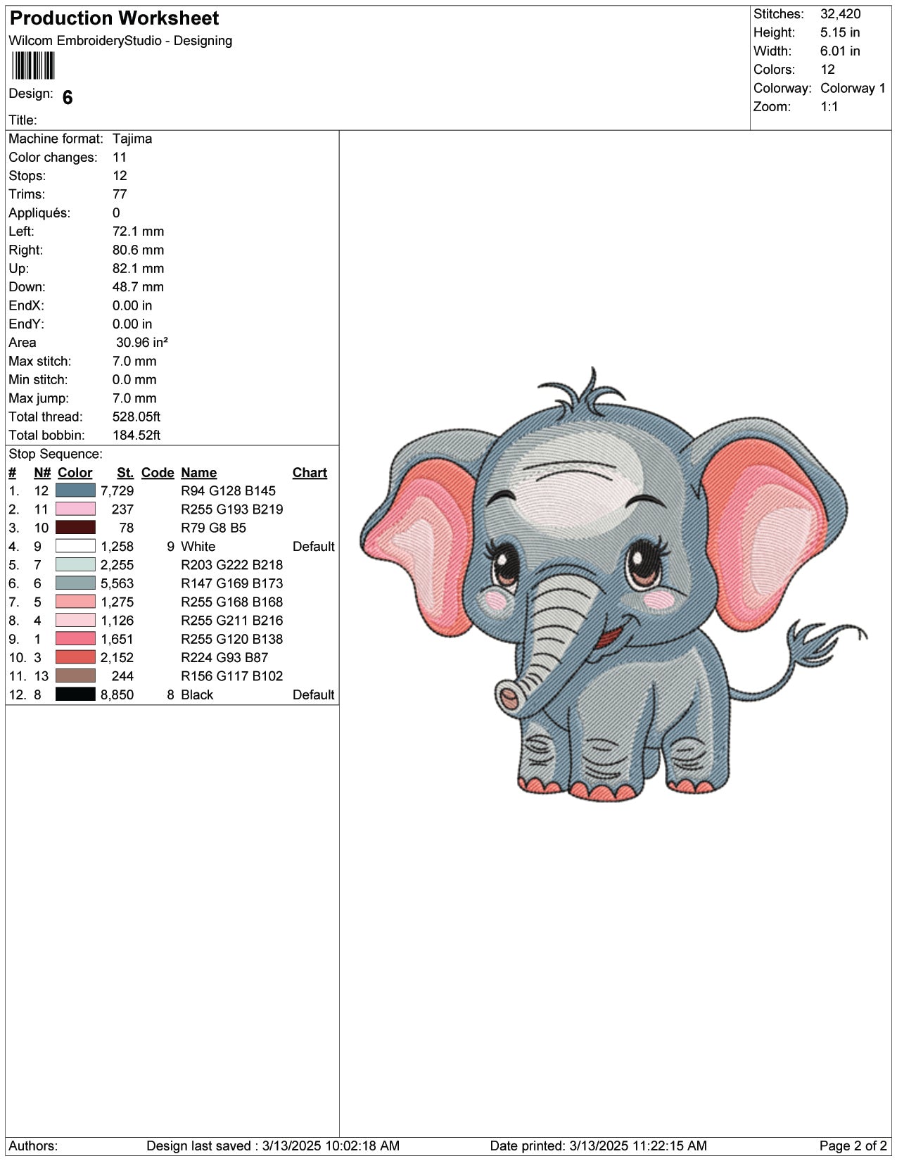 Baby Elephant V2 Embroidery Design Files - 9 Size's