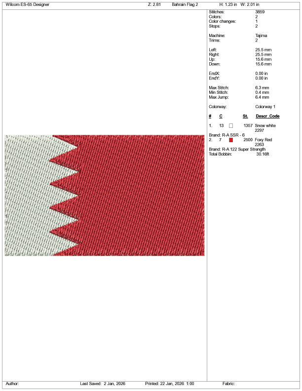 Bahrain Flag Embroidery Design Files - 3 Size's