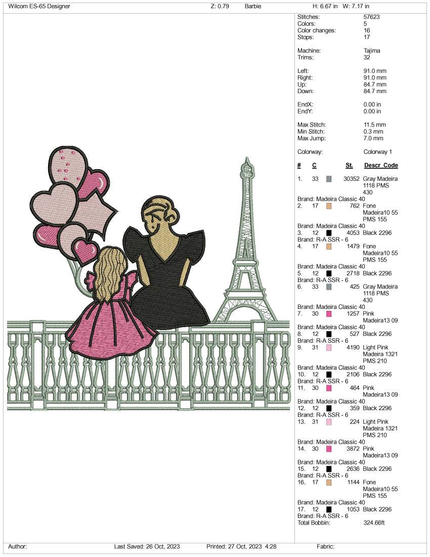 Girl Eiffel Tower Embroidery Design Files - 3 Size's