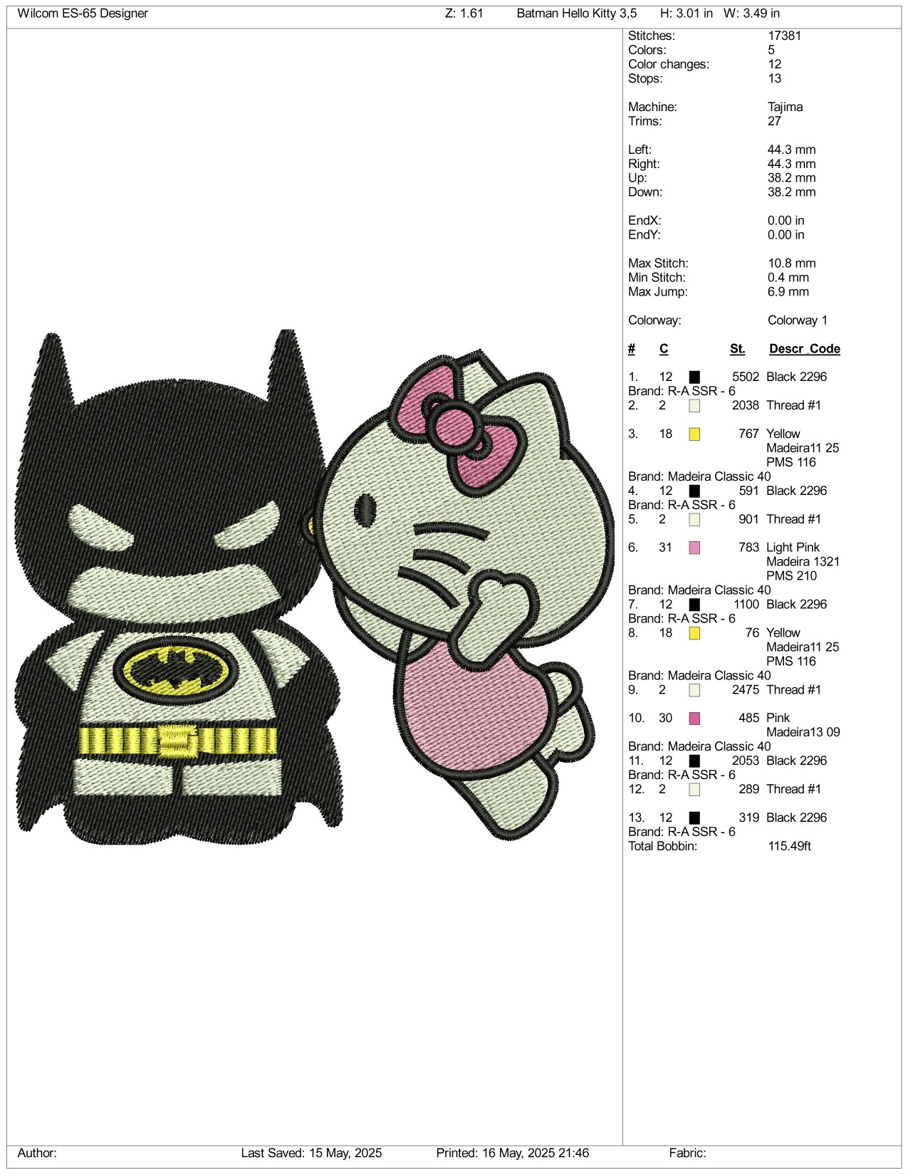 Hello Kitty Kiss Batman Embroidery Design Files - 3 Size's