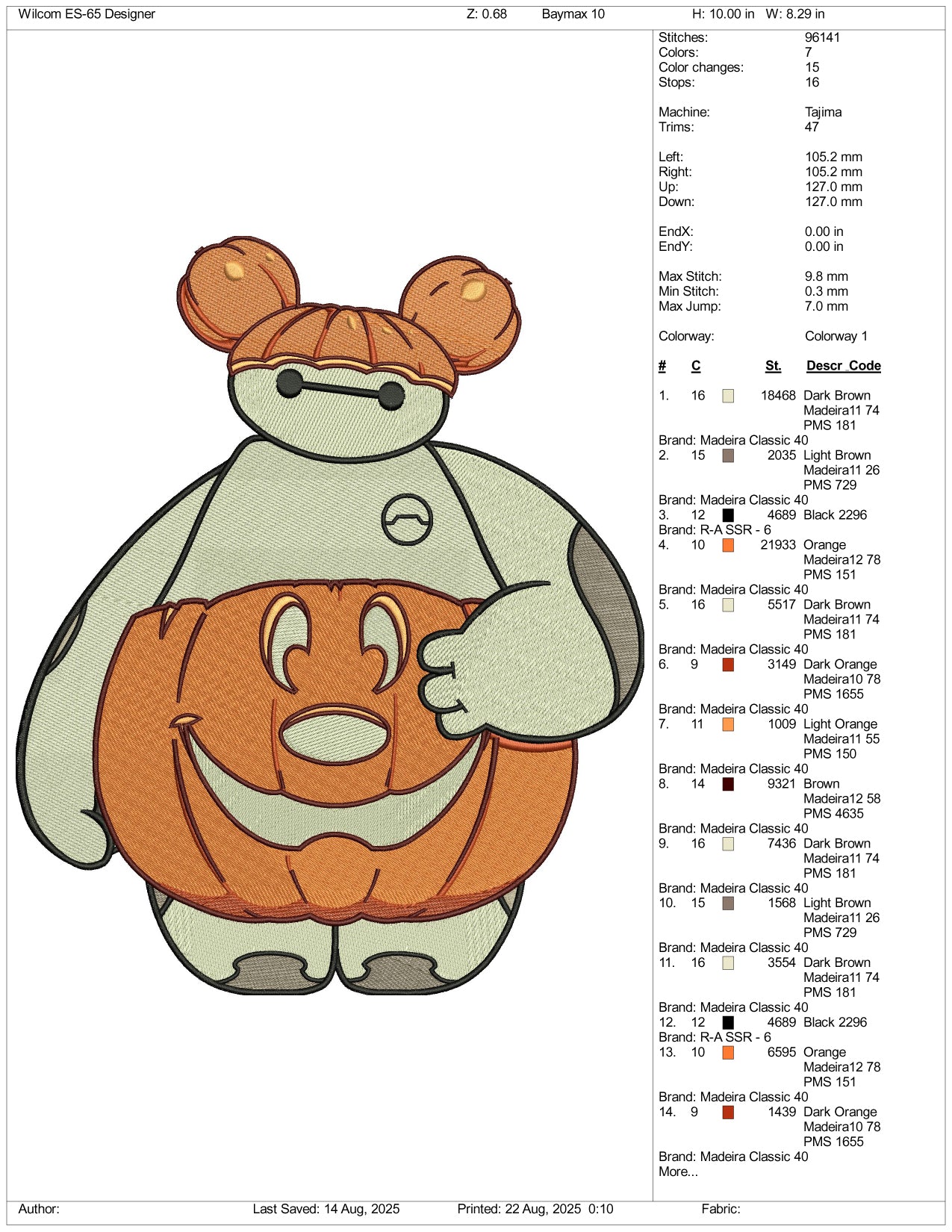 Baymax Pumpkin Embroidery Design Files - 3 Size's