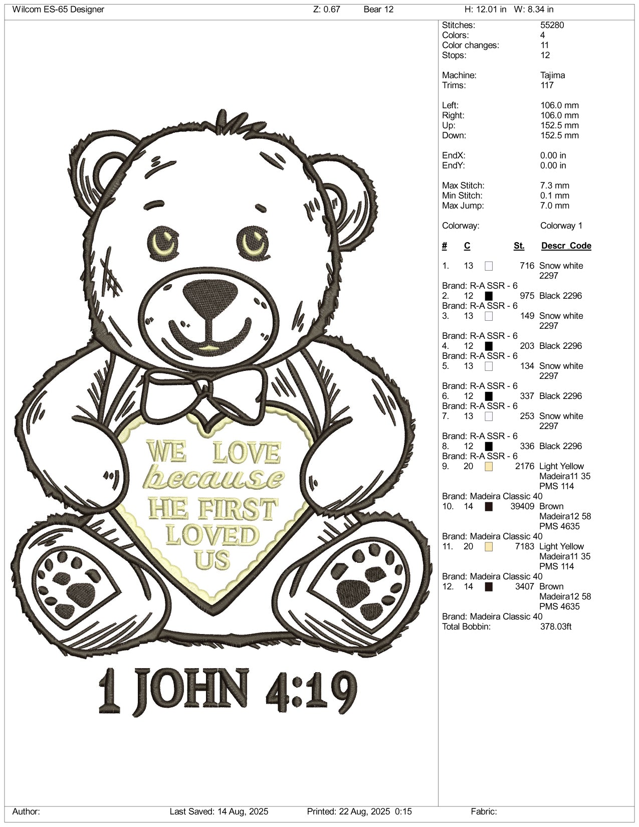 1 John 4:19 Bear Applique Embroidery Design Files - 4 Size's