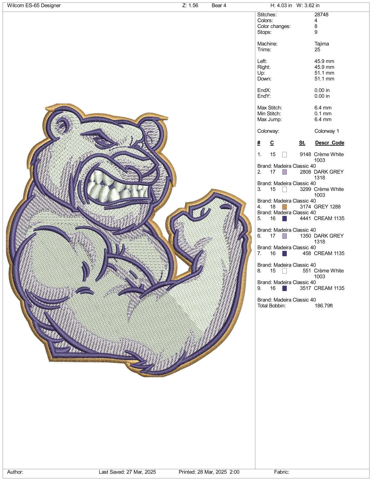 Muscle Bear Embroidery Design Files - 3 Size's