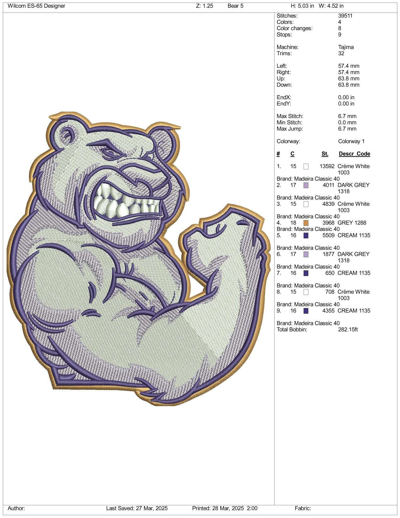 Muscle Bear Embroidery Design Files - 3 Size's
