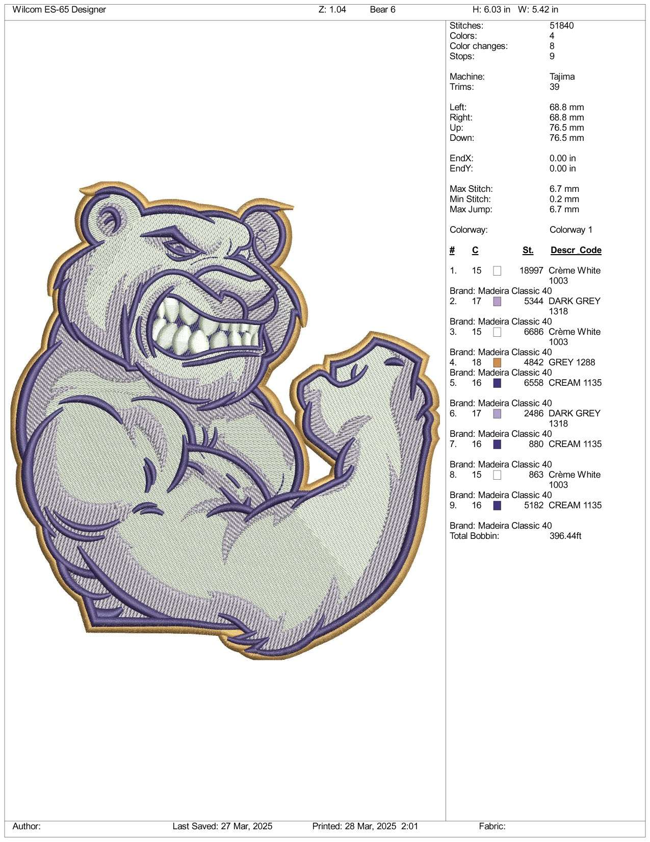 Muscle Bear Embroidery Design Files - 3 Size's
