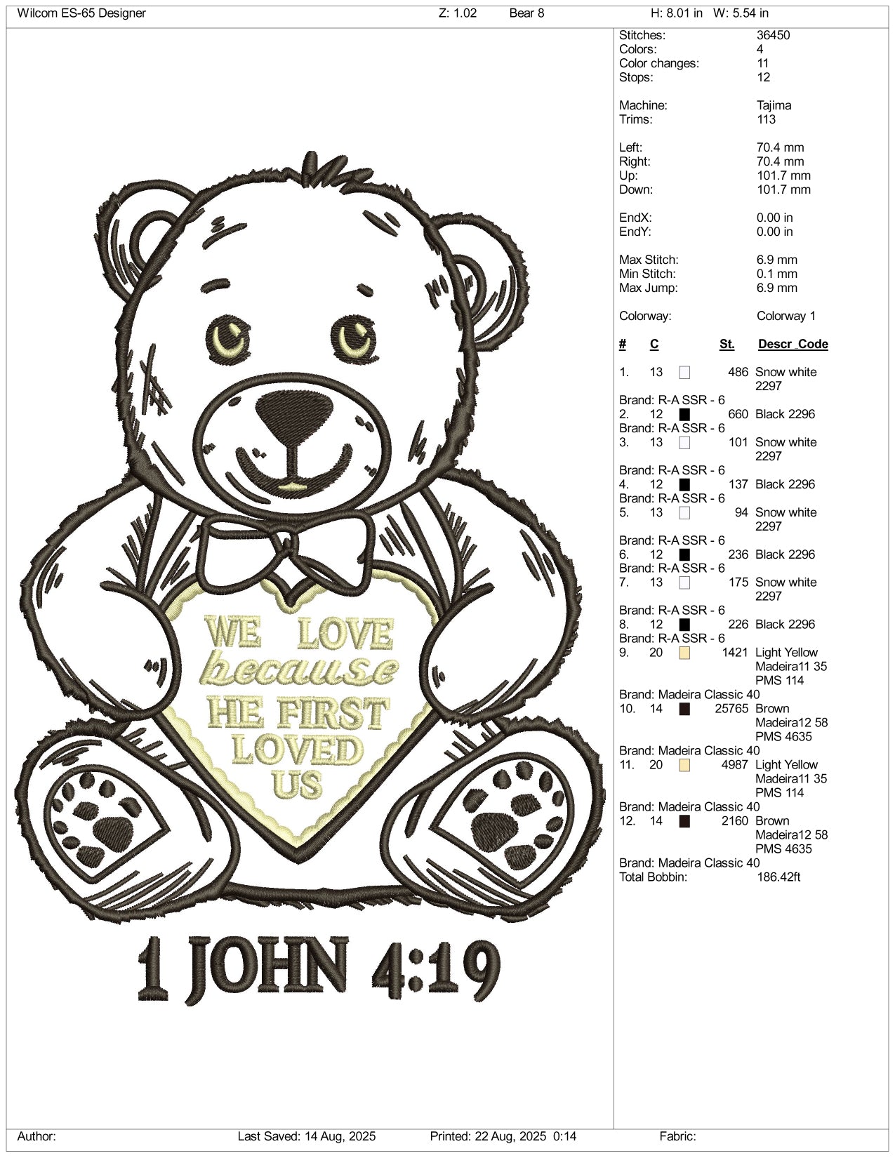 1 John 4:19 Bear Applique Embroidery Design Files - 4 Size's