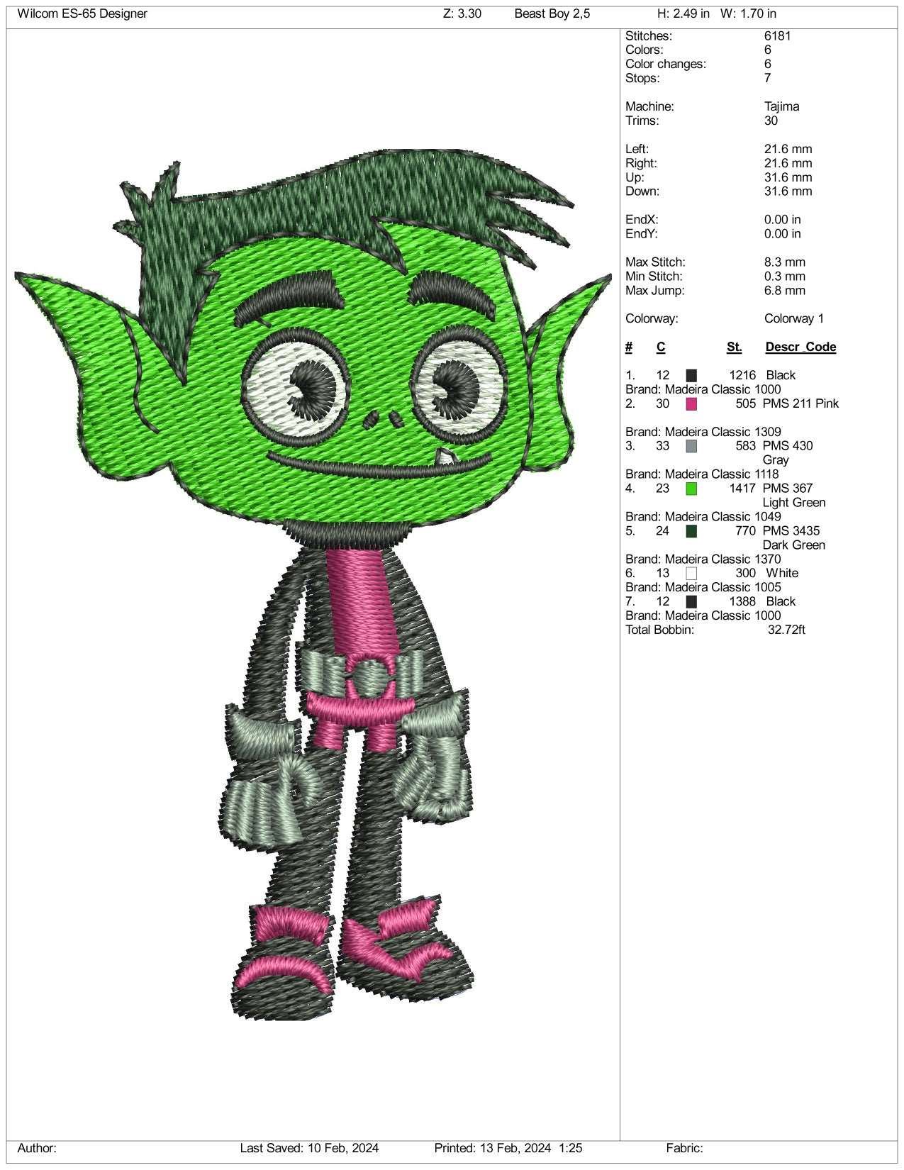Beast Boy Embroidery Design Files - 3 Size's