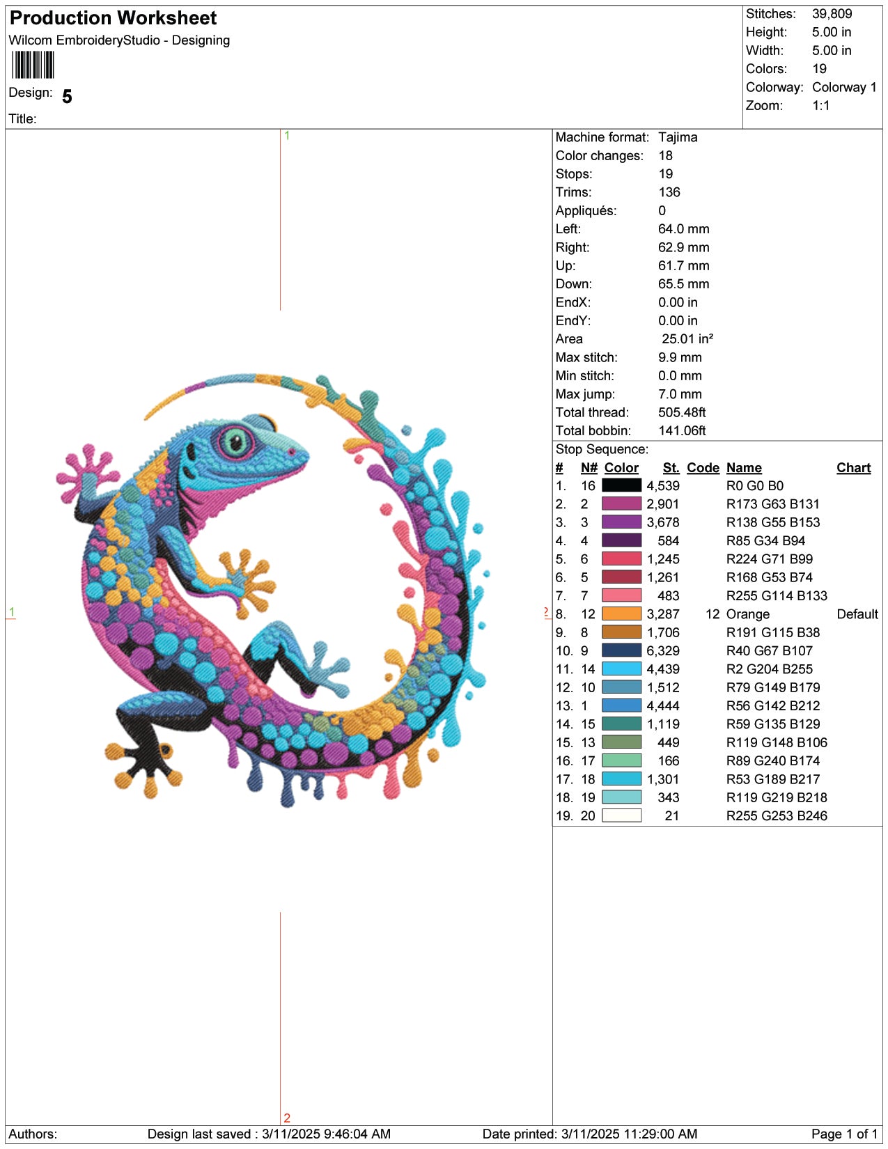 Colorful Lizard Embroidery Design Files - 7 Size's