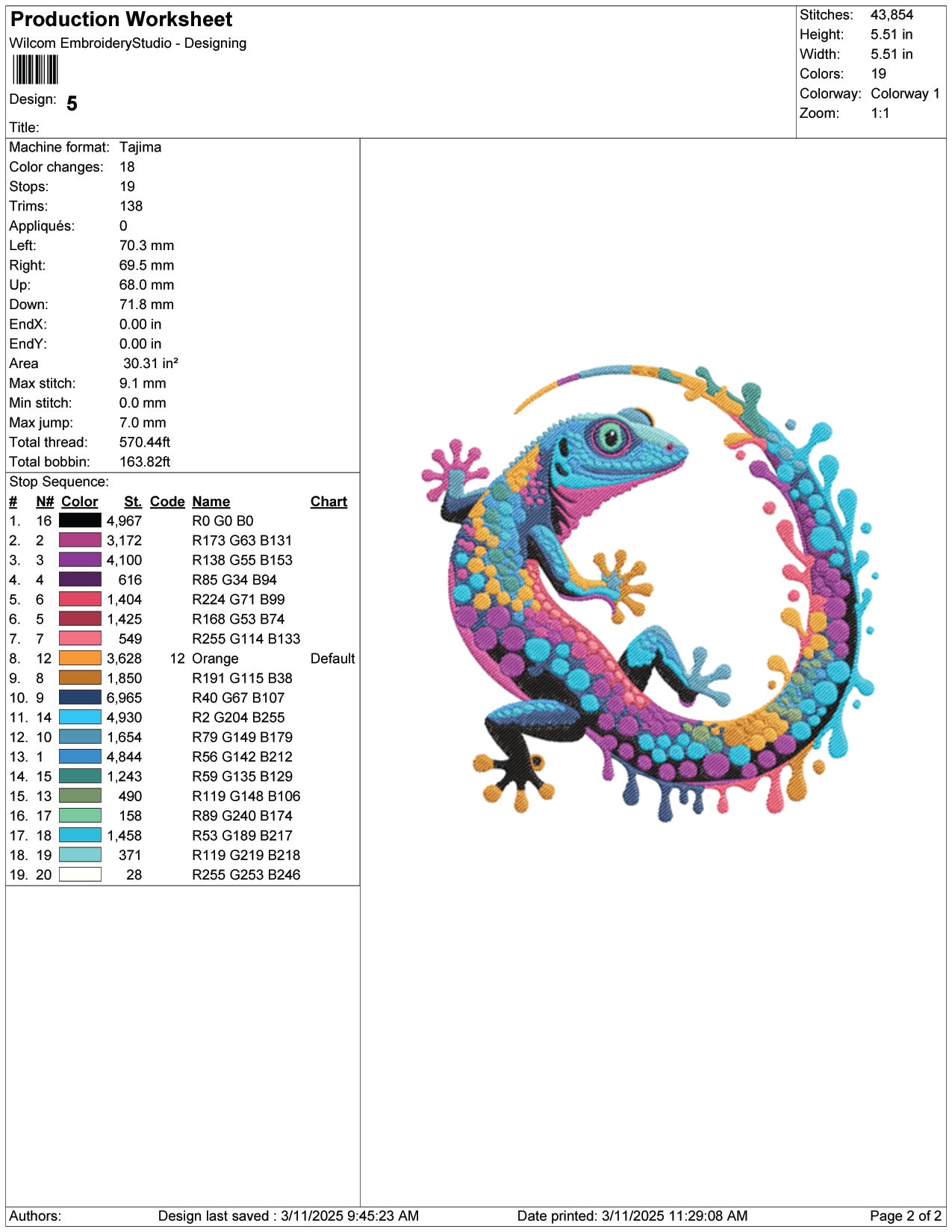 Colorful Lizard Embroidery Design Files - 7 Size's