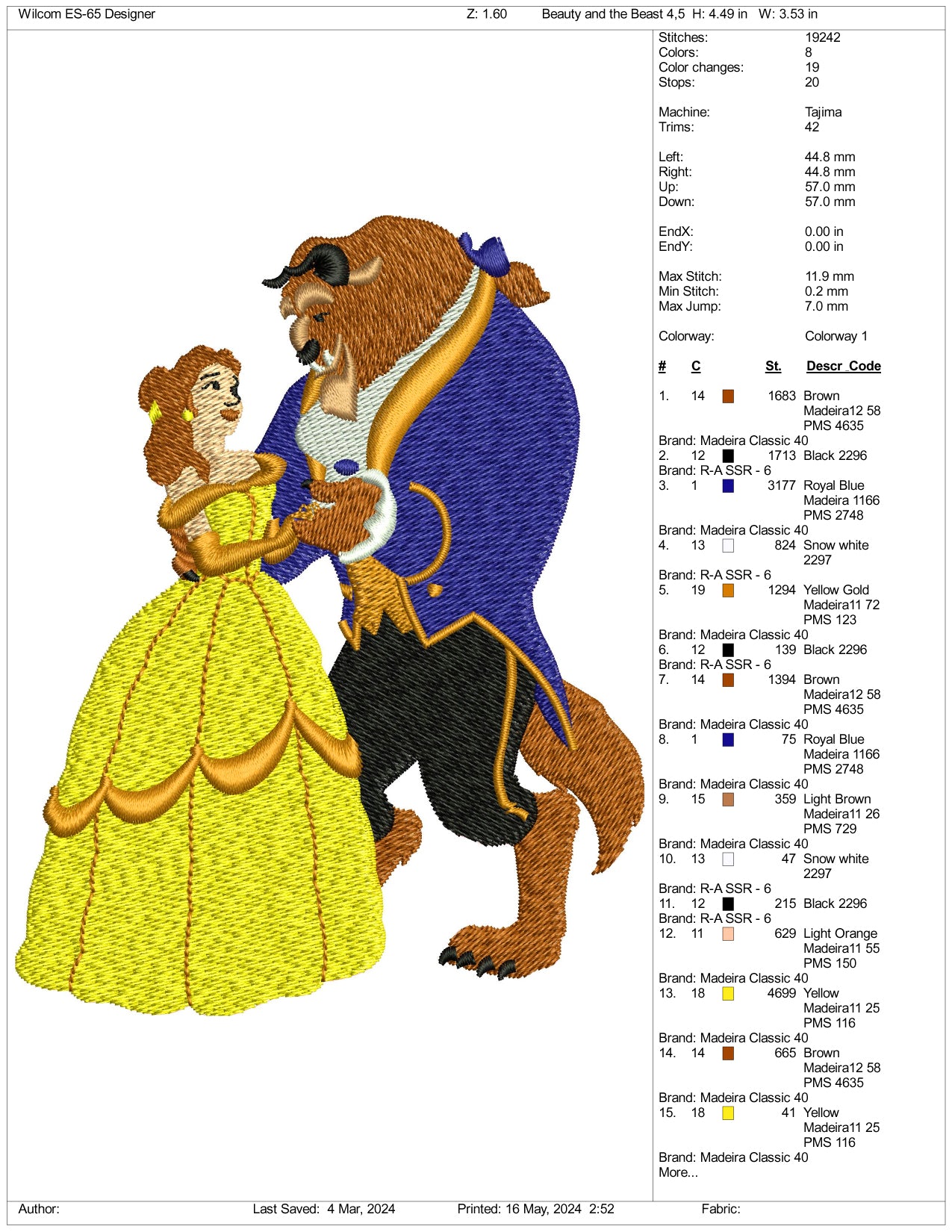 Archivos de diseño de bordado de La Bella y la Bestia - 3 tamaños