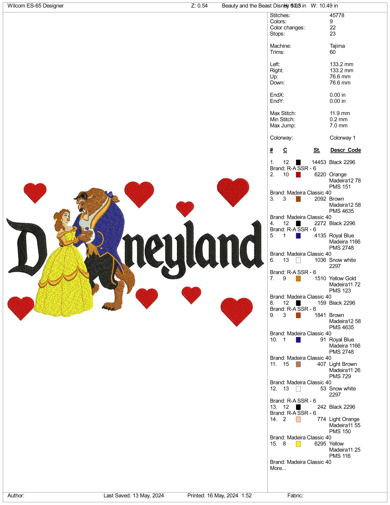 Archivos de diseño de bordado de La Bella y la Bestia de Disneyland (3 tamaños)