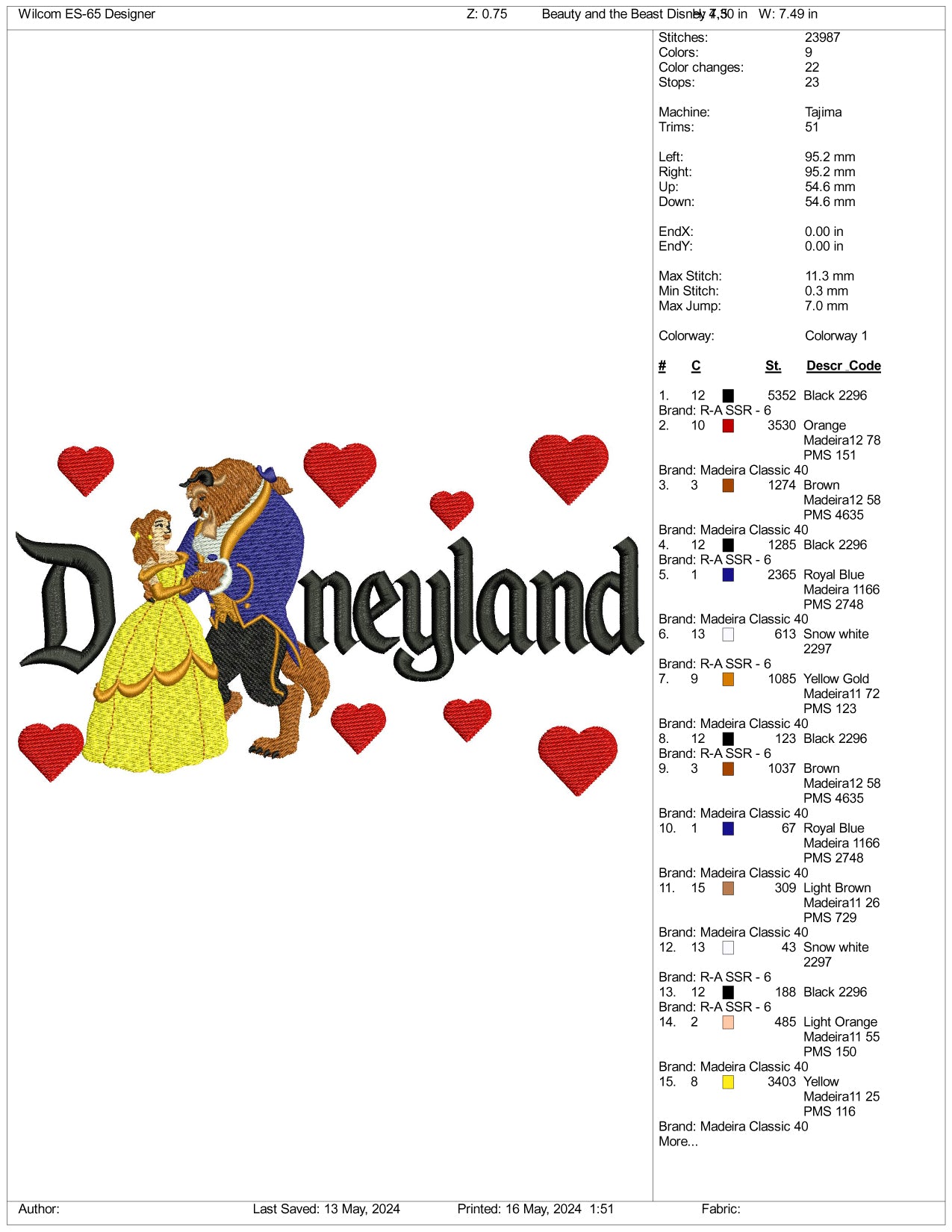 Archivos de diseño de bordado de La Bella y la Bestia de Disneyland (3 tamaños)