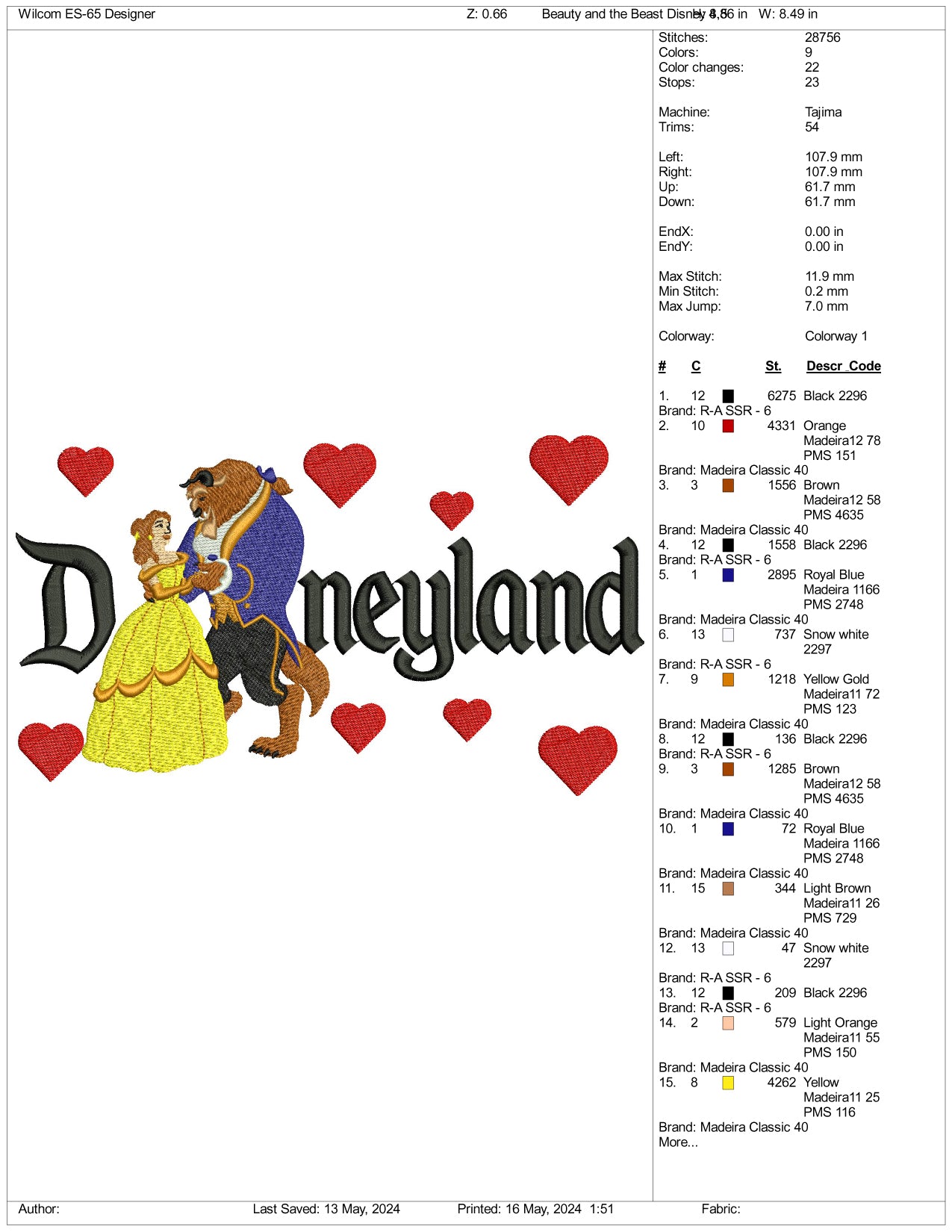 Archivos de diseño de bordado de La Bella y la Bestia de Disneyland (3 tamaños)